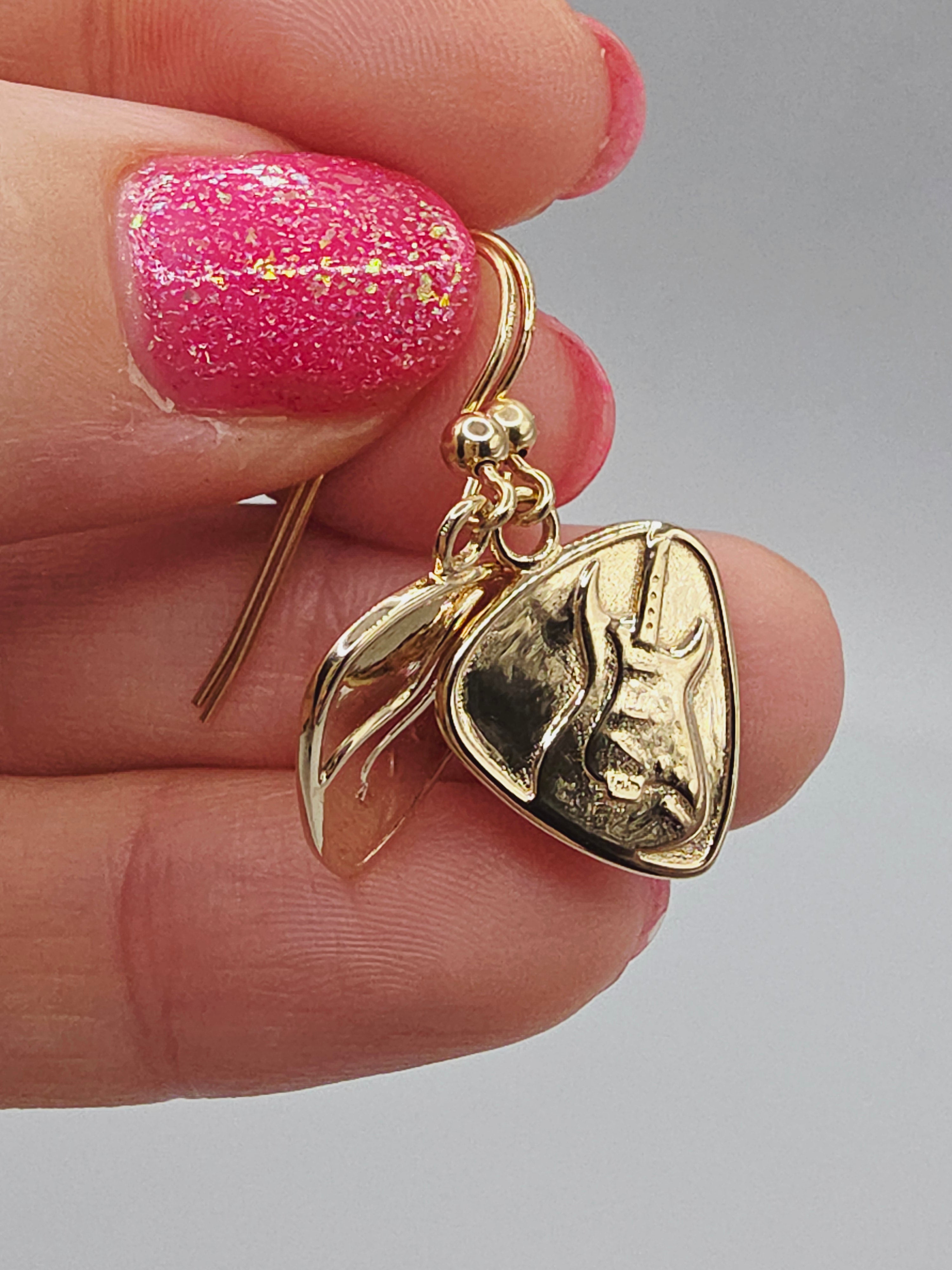 Jeffrey David Guitar Pick Solid 14K Yellow Gold Dangle Earrings Music