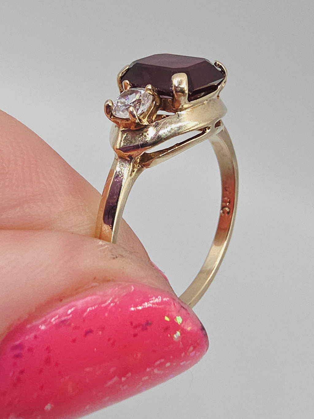 Solid 10K Yellow Gold Ring with Emerald-Cut Ruby & White Topaz Accents – Size 7