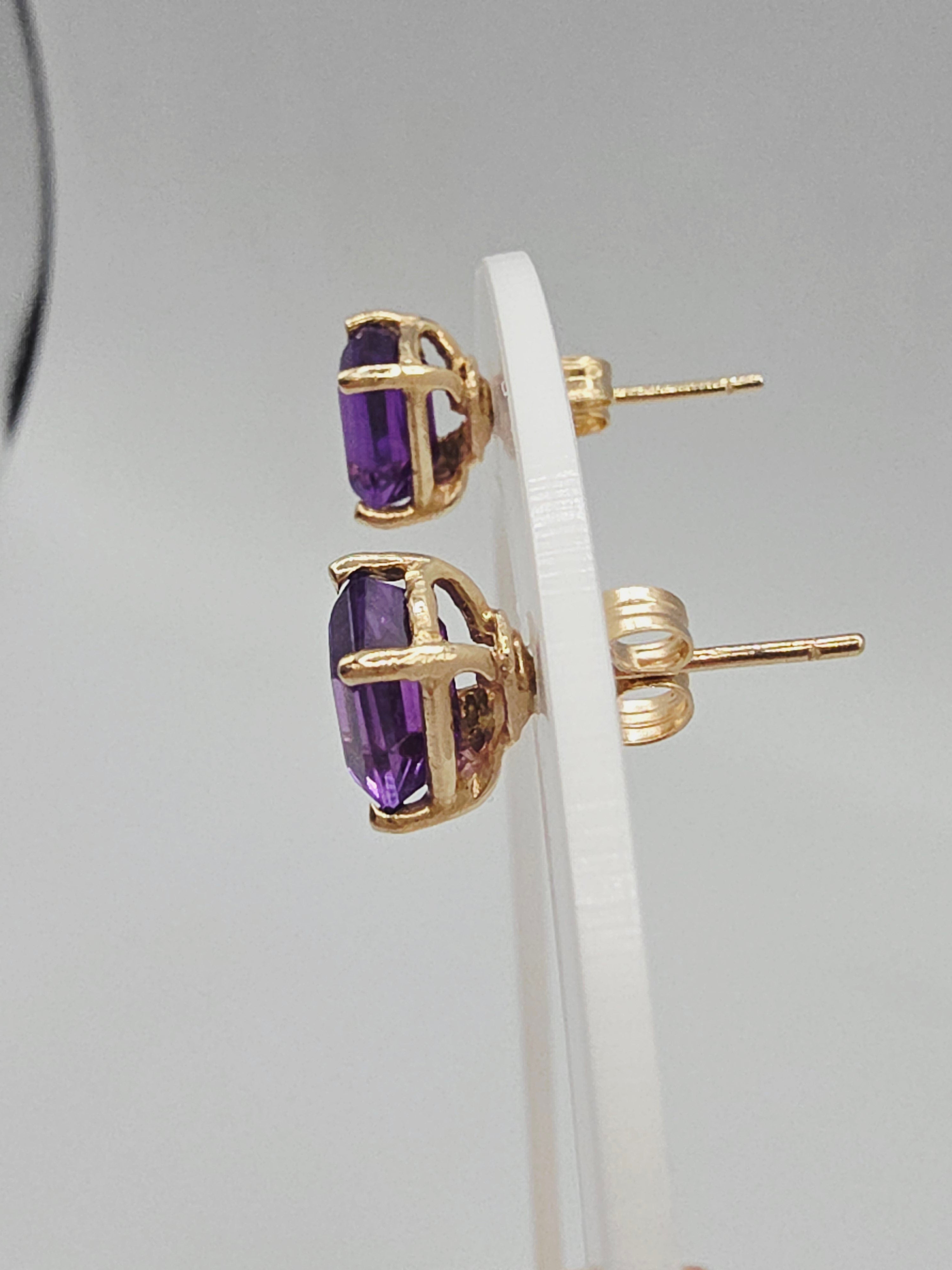 Solid 14K Yellow Gold Emerald Cut Amethyst Stud Earrings