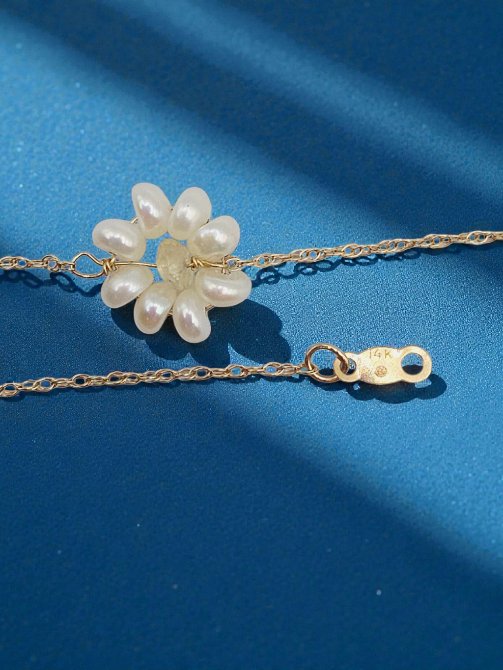 Solid 14K Yellow Gold Chain Necklace with Floral Pearl Accents - 15 Inches