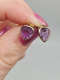 Solid 14K Yellow Gold Stud Earrings with Heart-Cut Amethyst