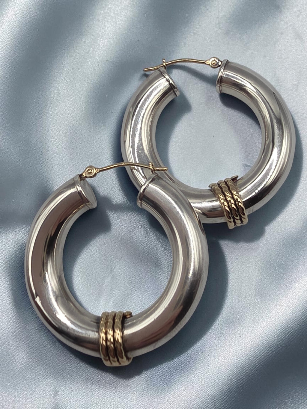 925 Sterling Silver Hoop Earrings with Solid 14K Gold Twisted Rope Accents