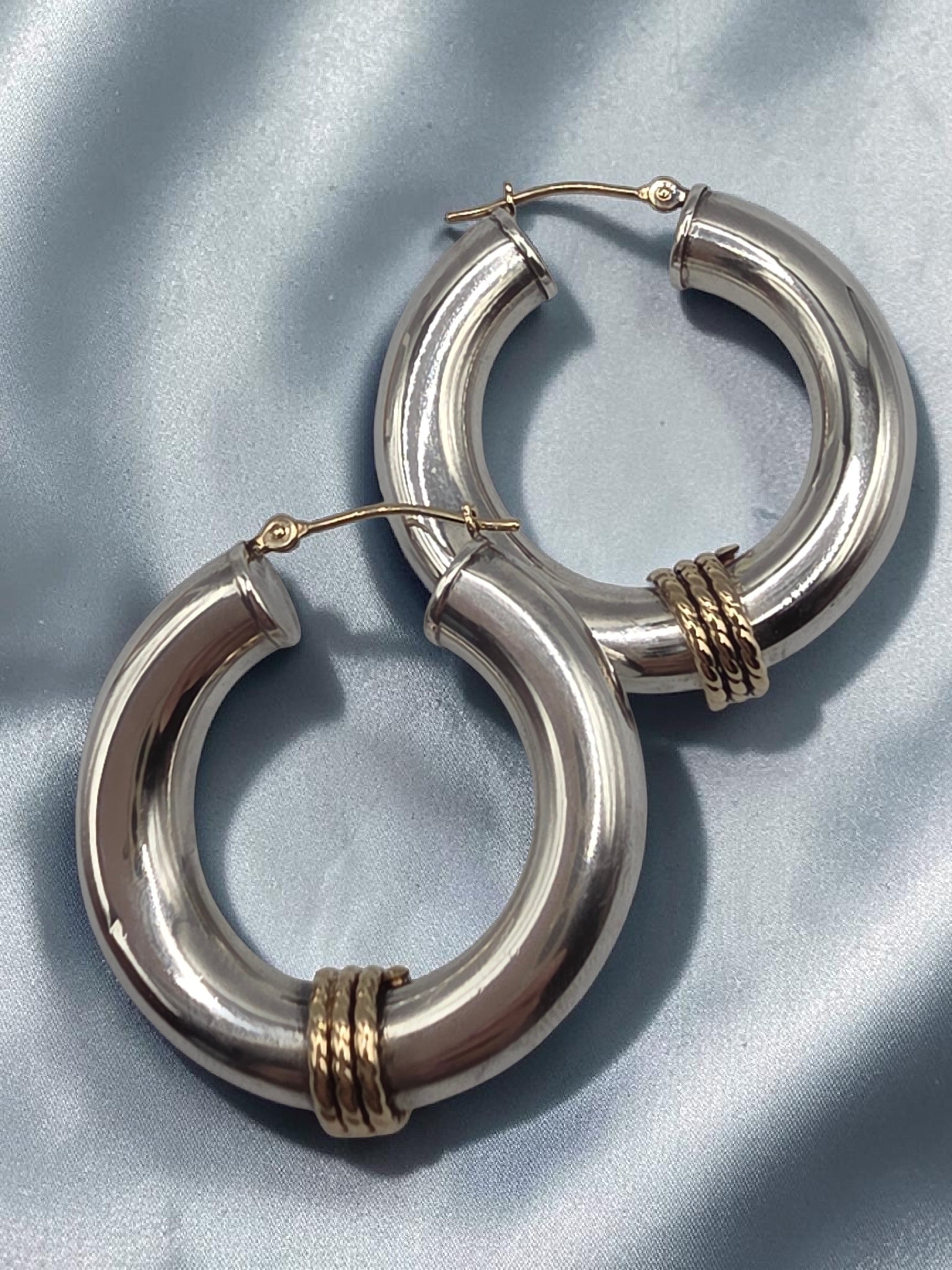 925 Sterling Silver Hoop Earrings with Solid 14K Gold Twisted Rope Accents