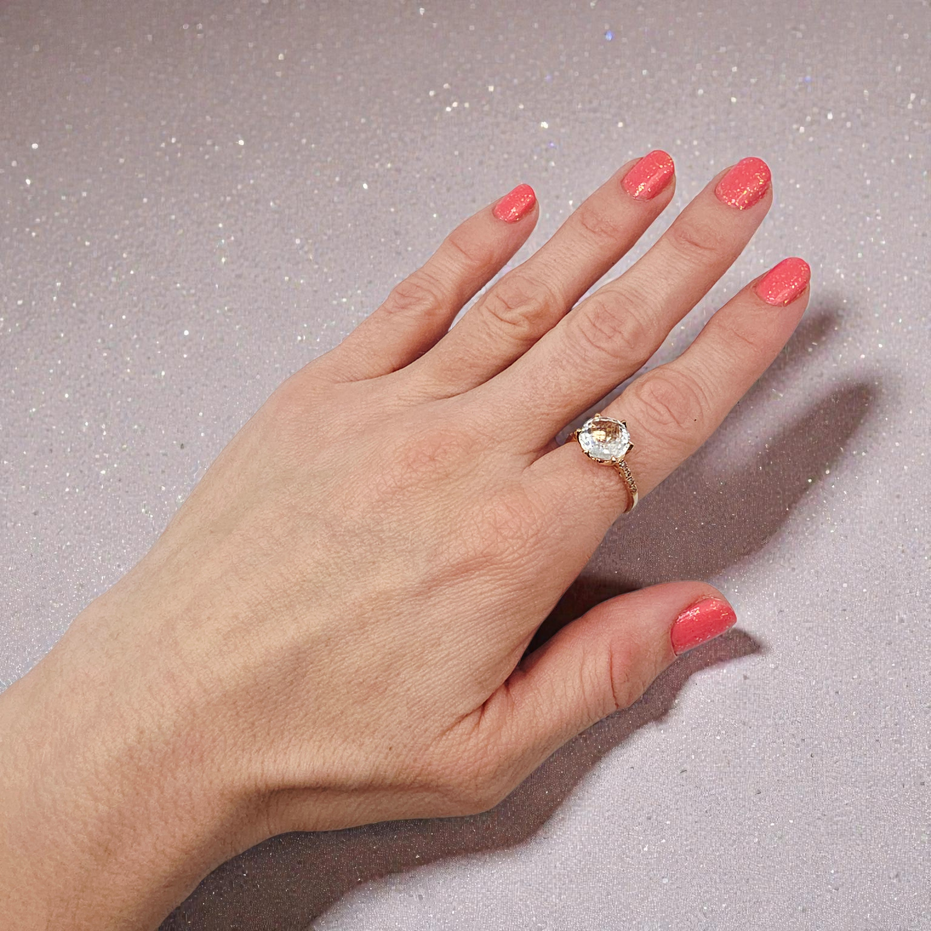 Solid 14K Rose Gold Ring with Lab-Created White Topaz & Diamond Accents - Size 8