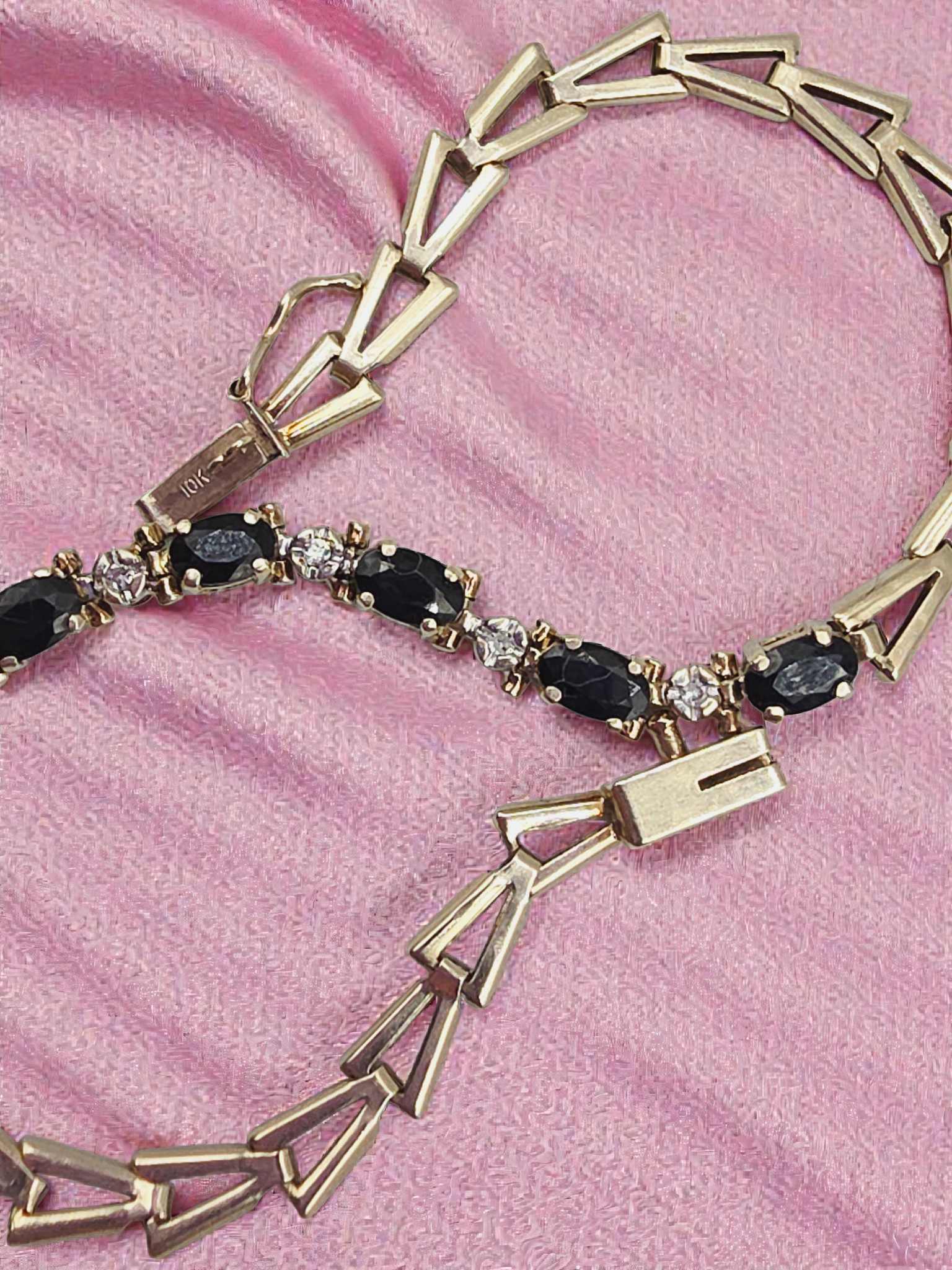 Solid 10K Yellow Gold Bracelet with Blue Sapphires and Diamonds - 7.25 Inch