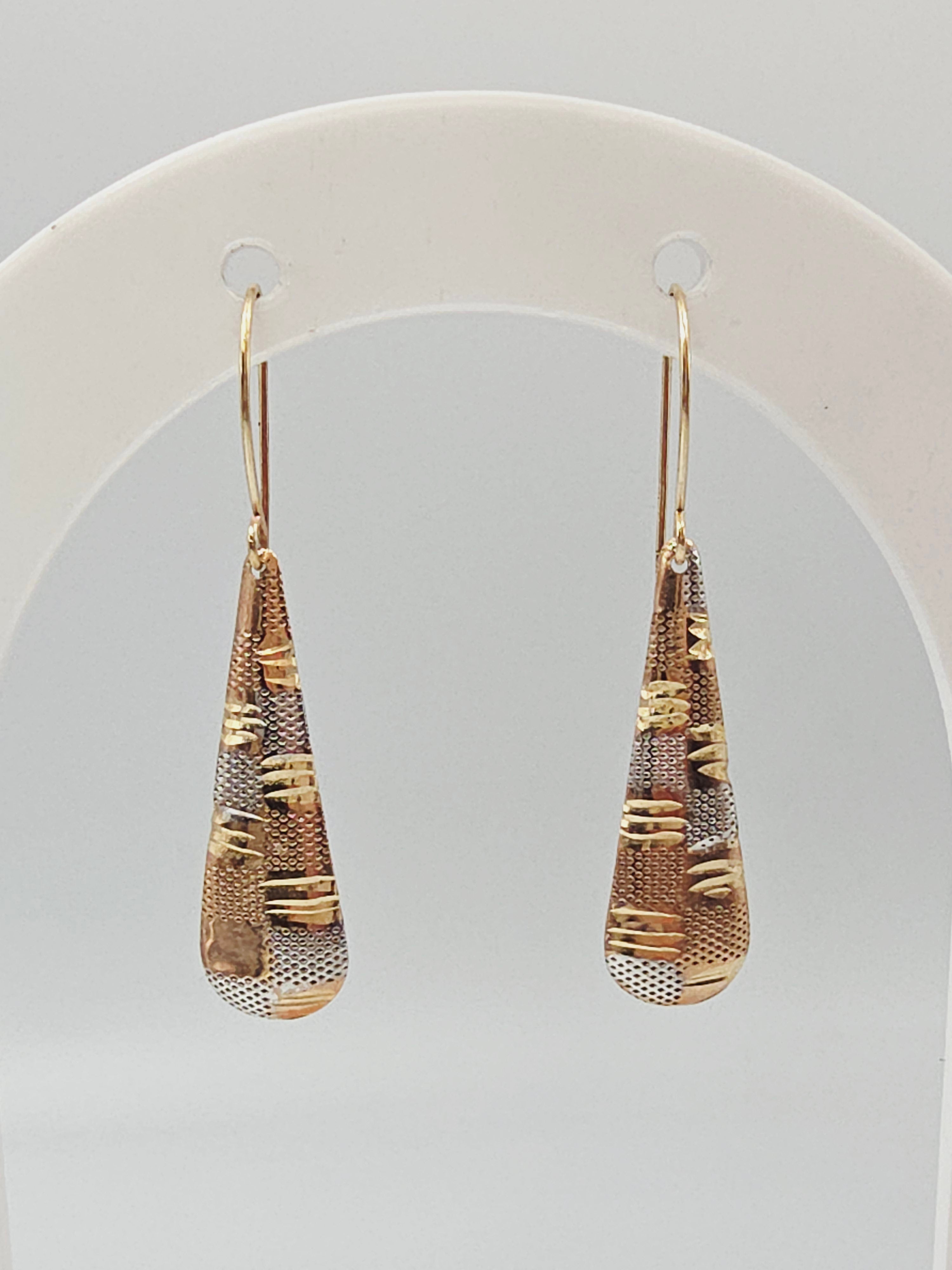 Solid 14K Two Tone Textured Gold Drop Dangle Earrings