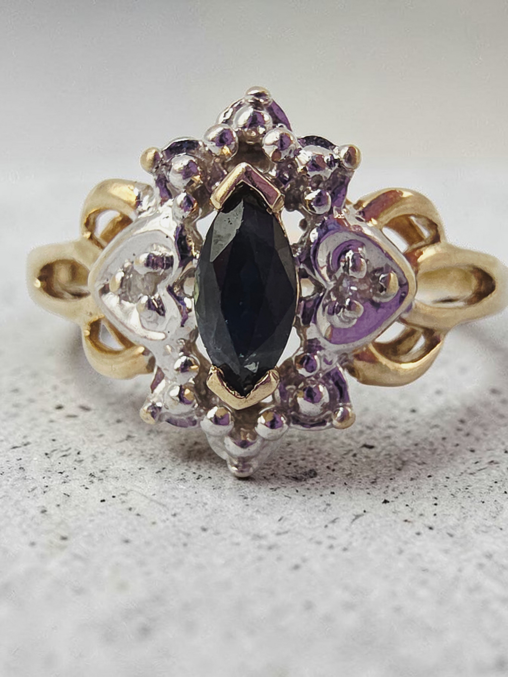 10K Solid Gold Dark Blue Topaz Ring with Diamond Accents, Size 7