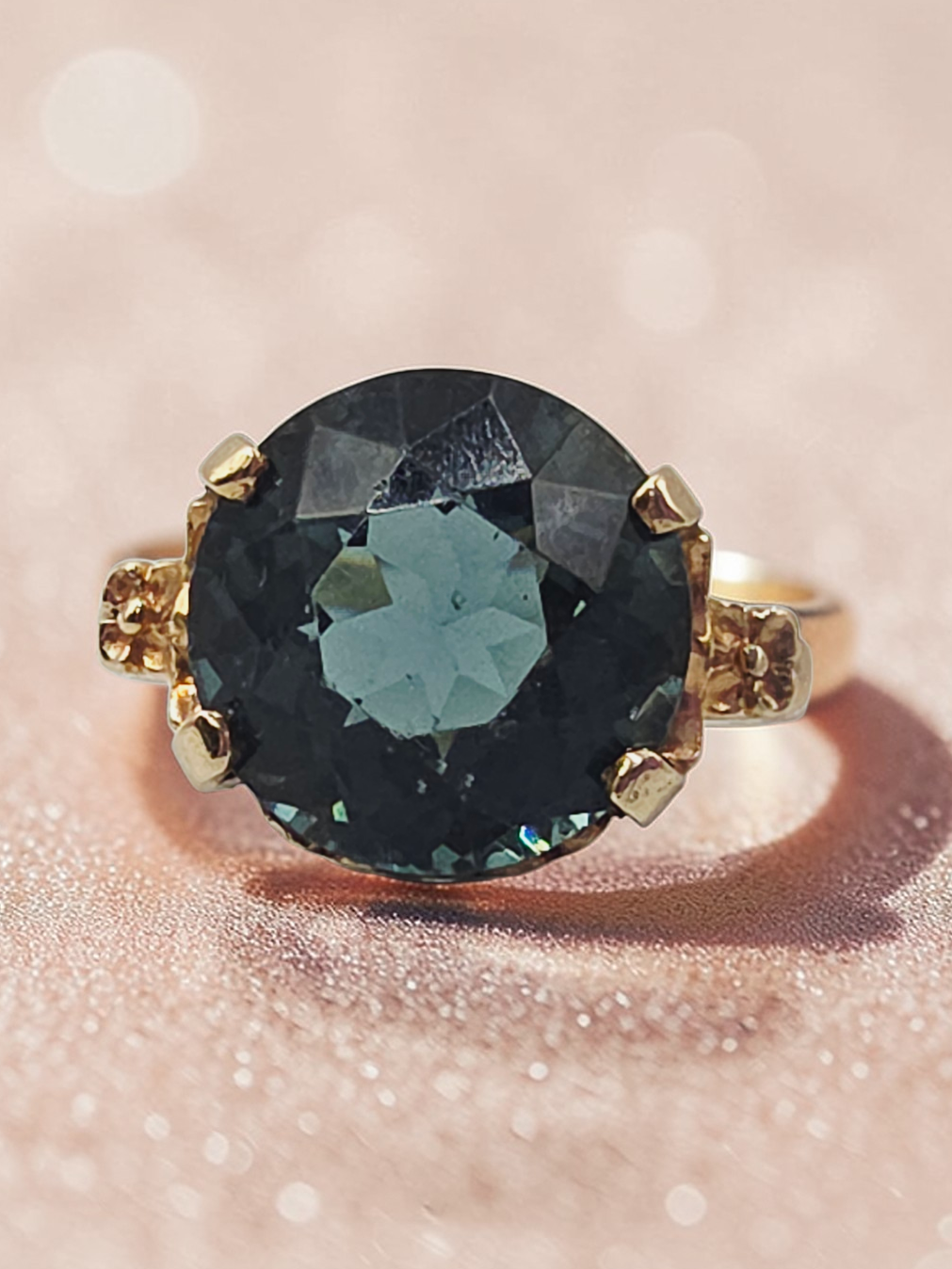 Solid 10K Yellow Gold Ring with Large Round-Cut Teal CZ– Size 5