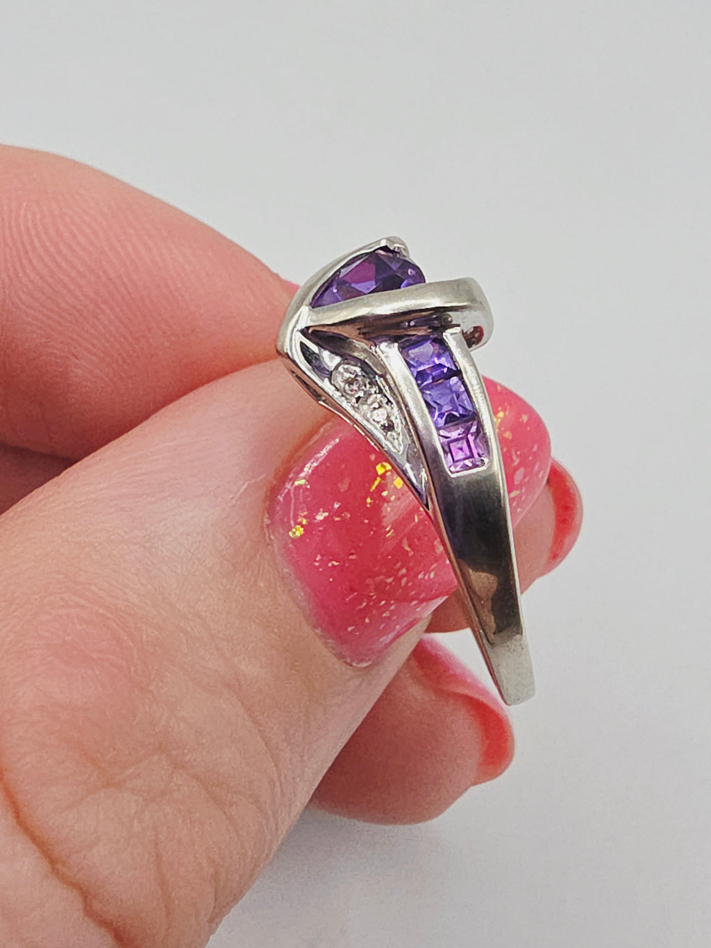 Solid 10K White Gold Ring with Purple & Pink Topaz and Diamonds – Size 6.75