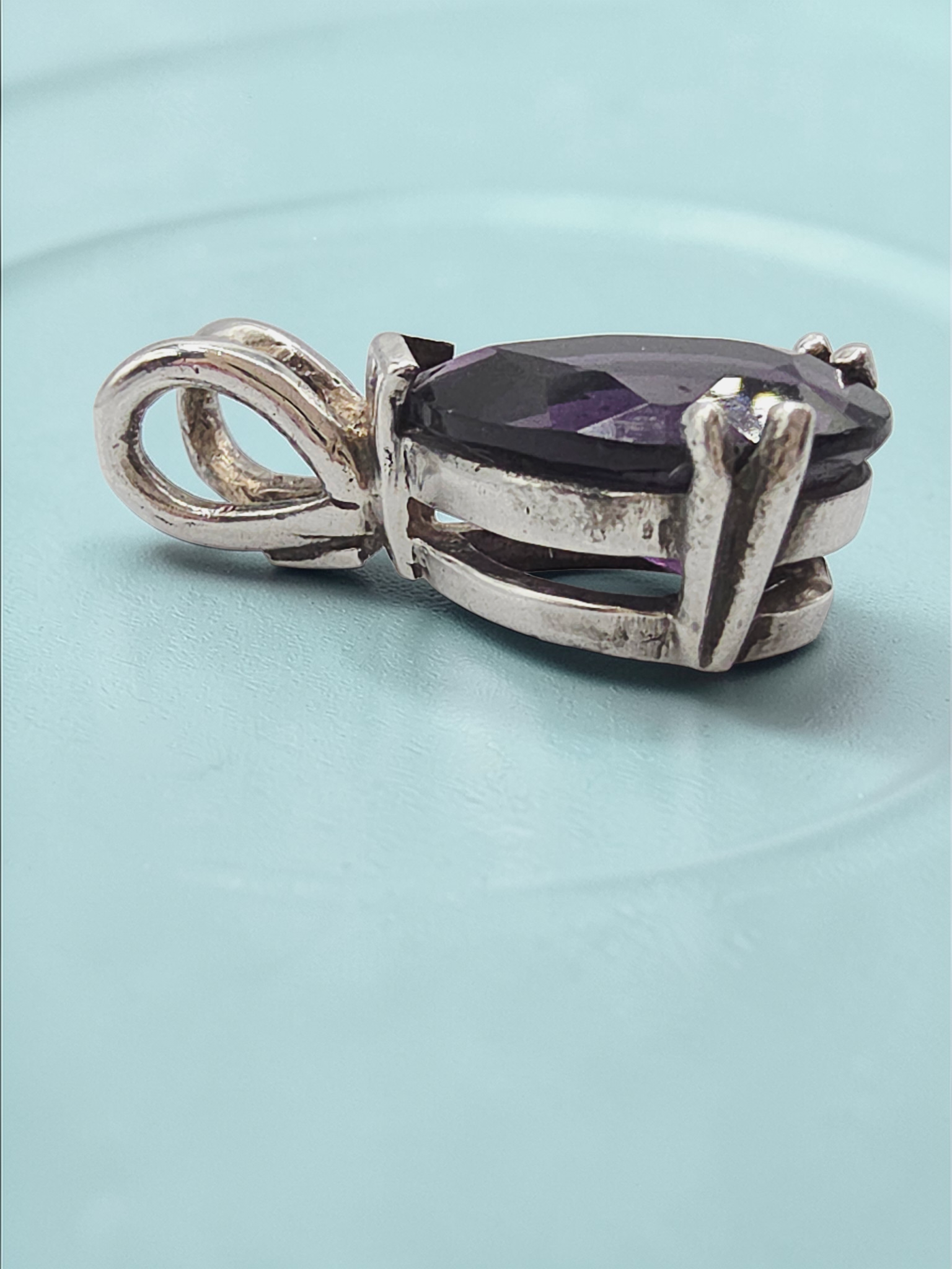 925 Sterling Silver Dark Purple CZ Pear Cut Pendant