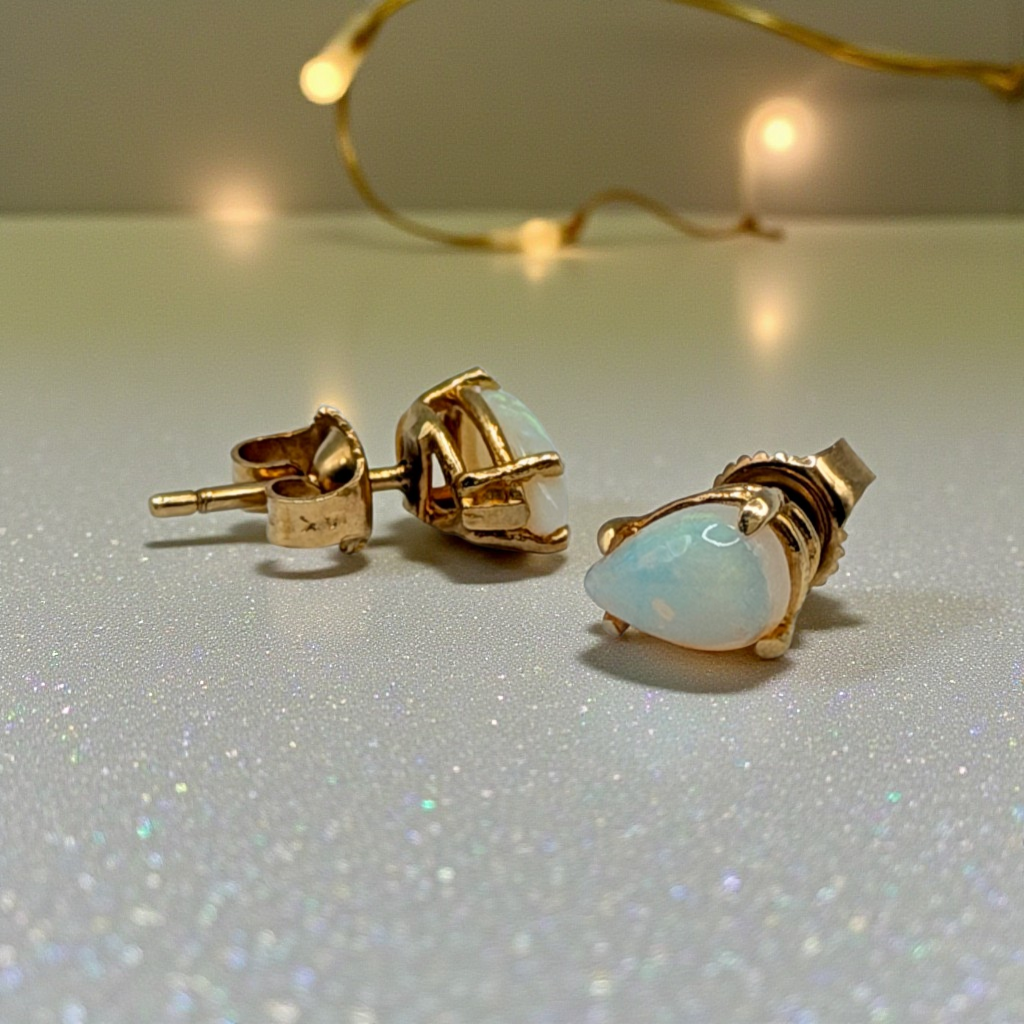 Solid 14K Yellow Gold Stud Earrings with Pear Cut Opals