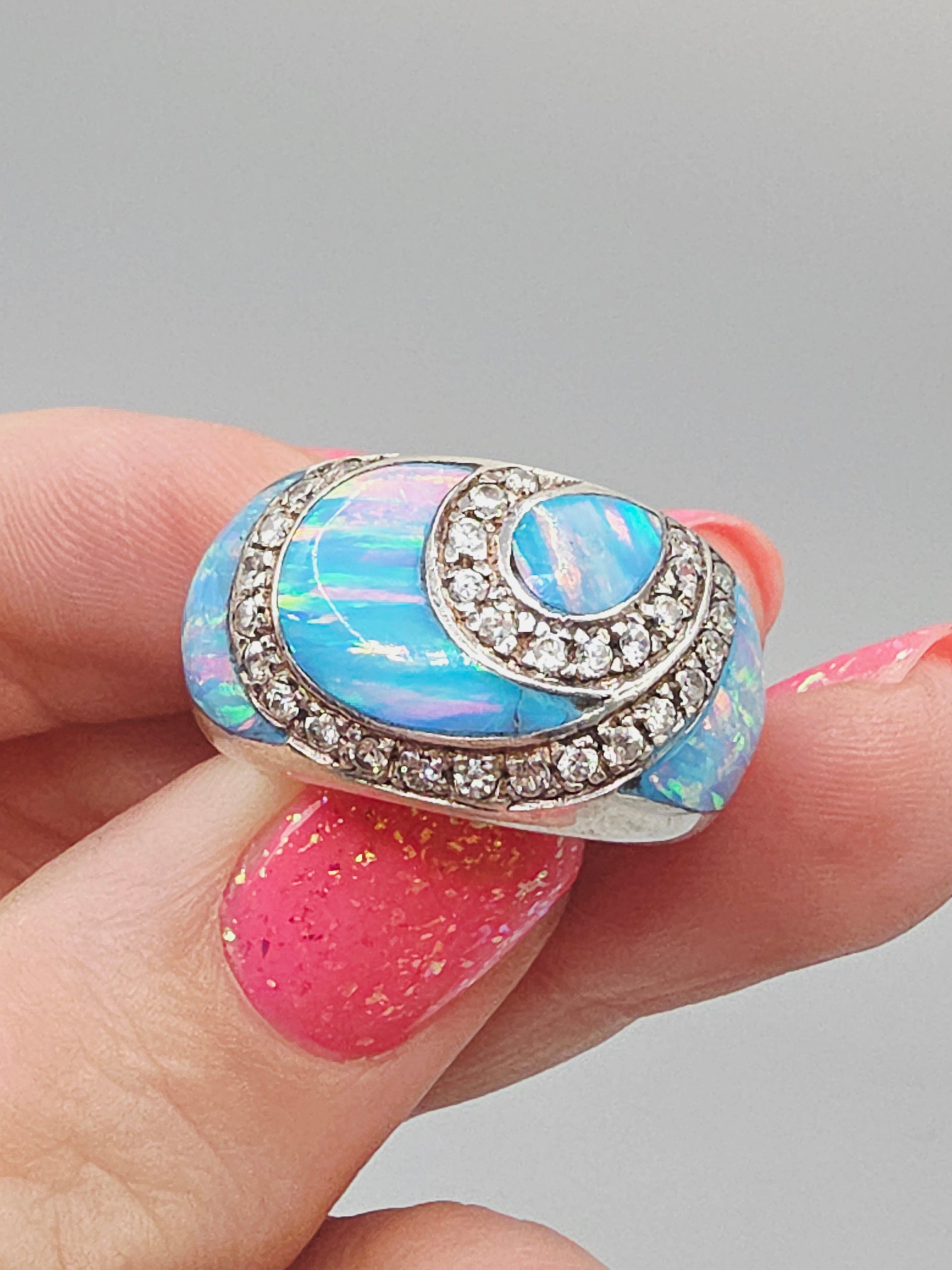 Unique 925 Sterling Silver Ring with Blue Opal and CZ accents - Size 8