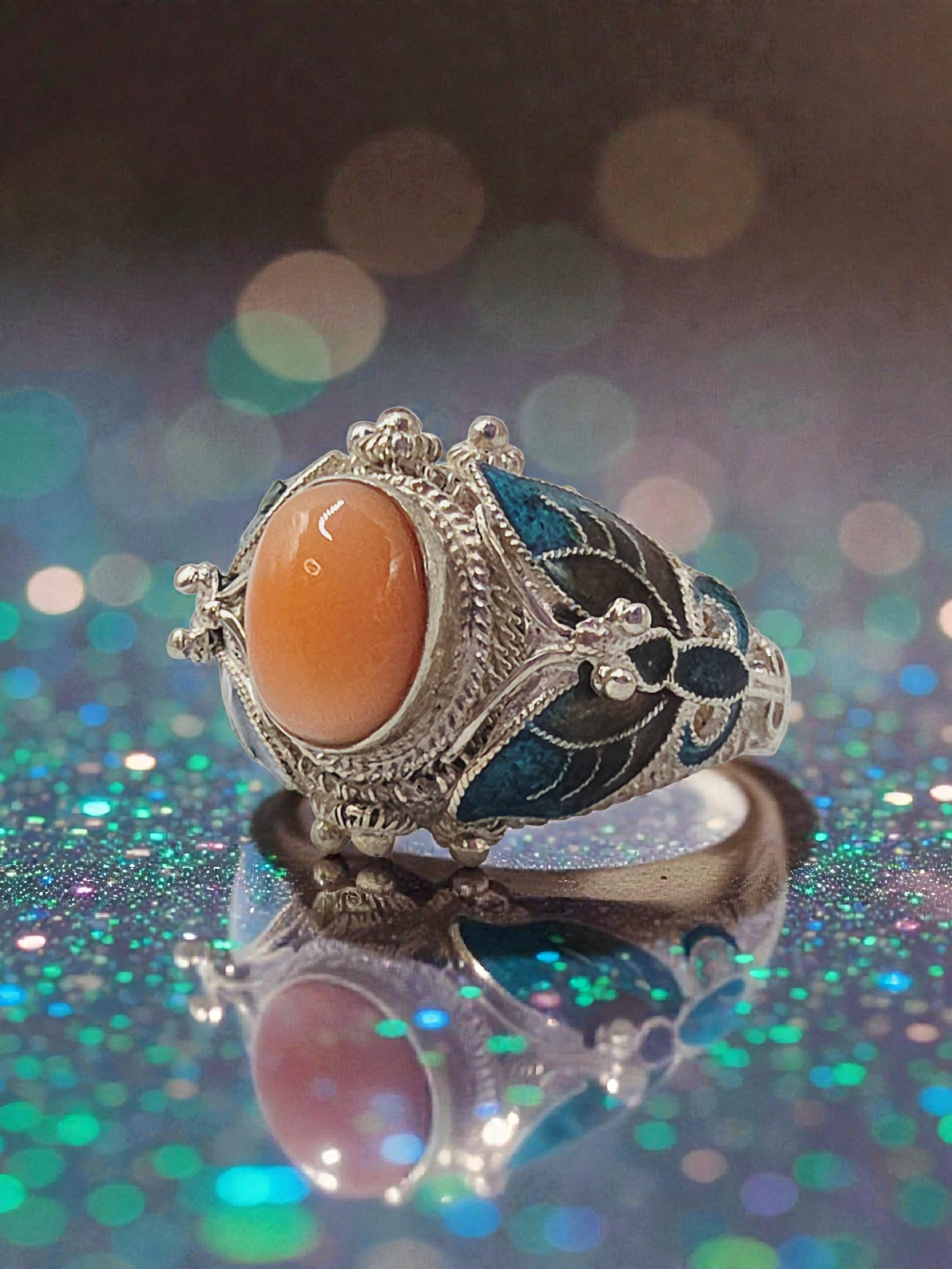Sterling Silver Salmon Pink Coral Ring with Enamel Butterfly Accents - Size 8