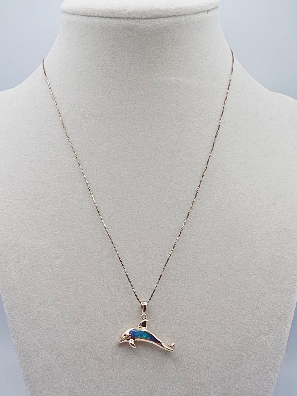Solid 14K Yellow Gold Necklace with Opal Dolphin Pendant 17 Inches