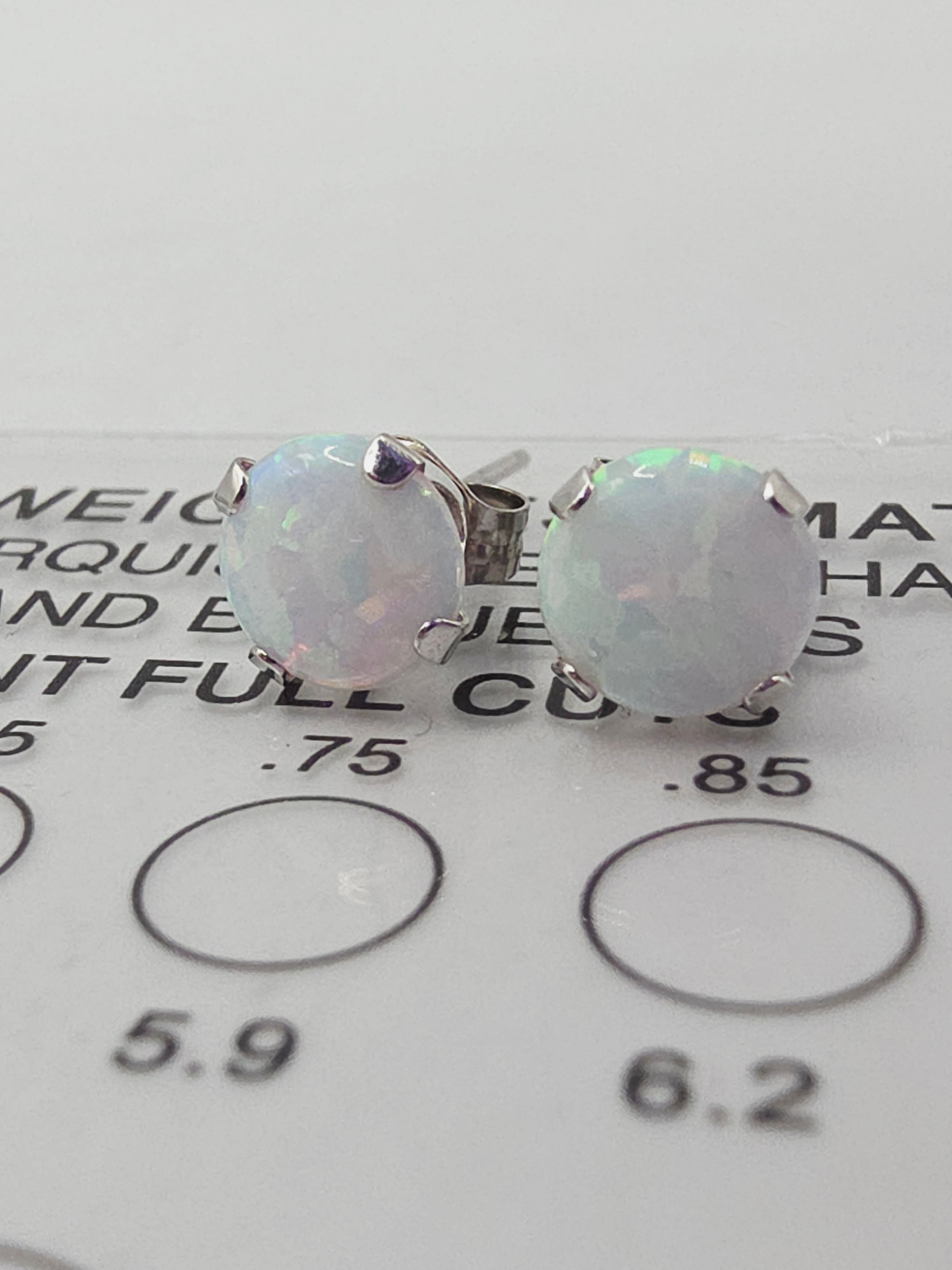 Solid 10K White Gold Opal Stud Earrings Round Cabochon October Birthstone
