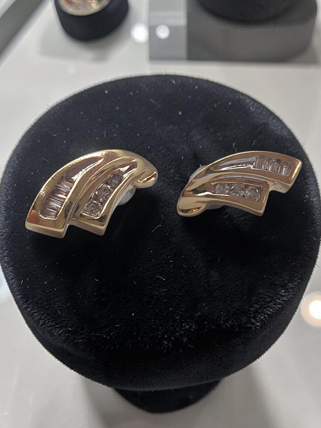 Solid 10K Yellow Gold Round & Baguette Diamond Swirl Stud Earrings