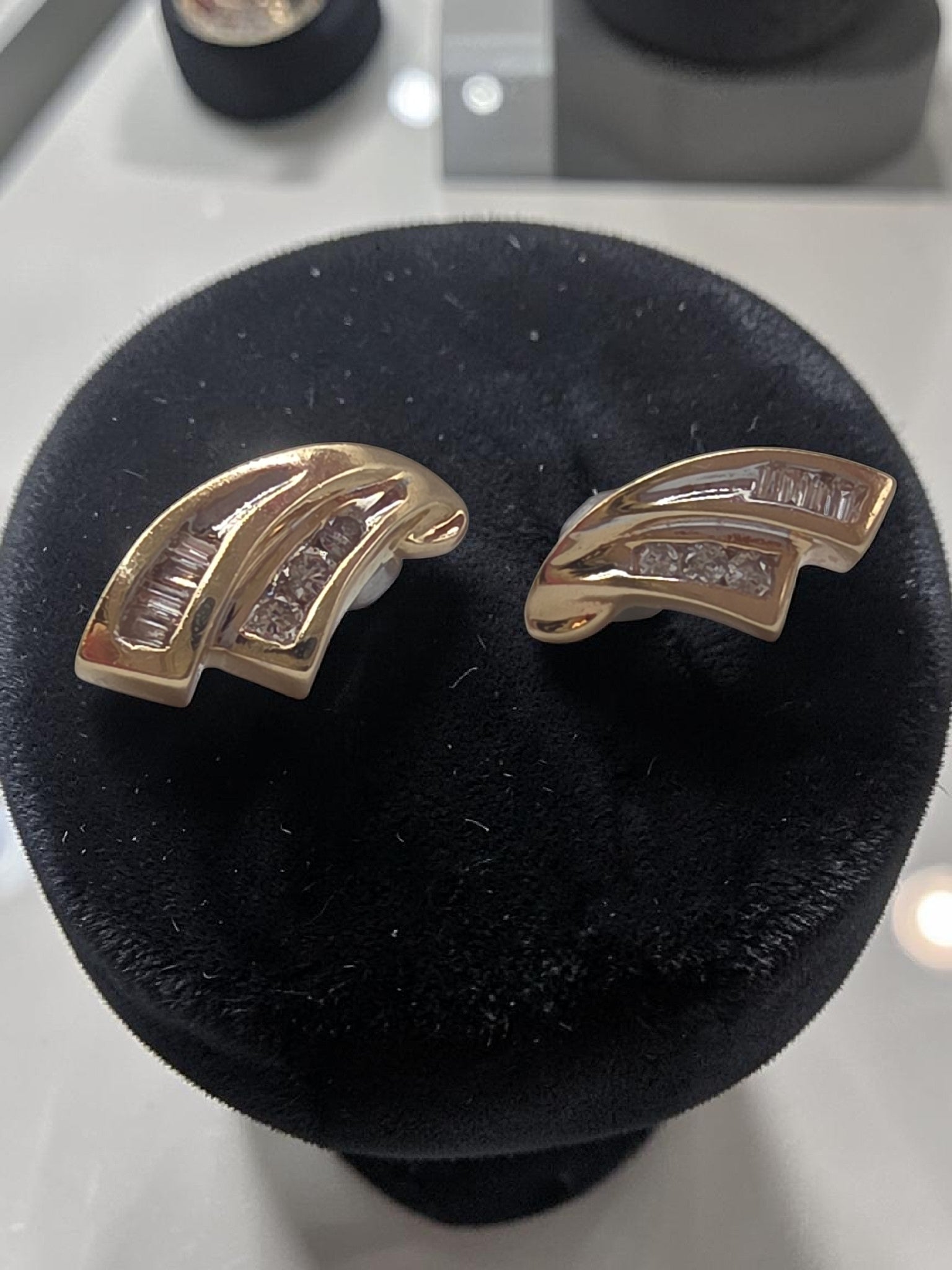 Solid 10K Yellow Gold Round & Baguette Diamond Swirl Stud Earrings