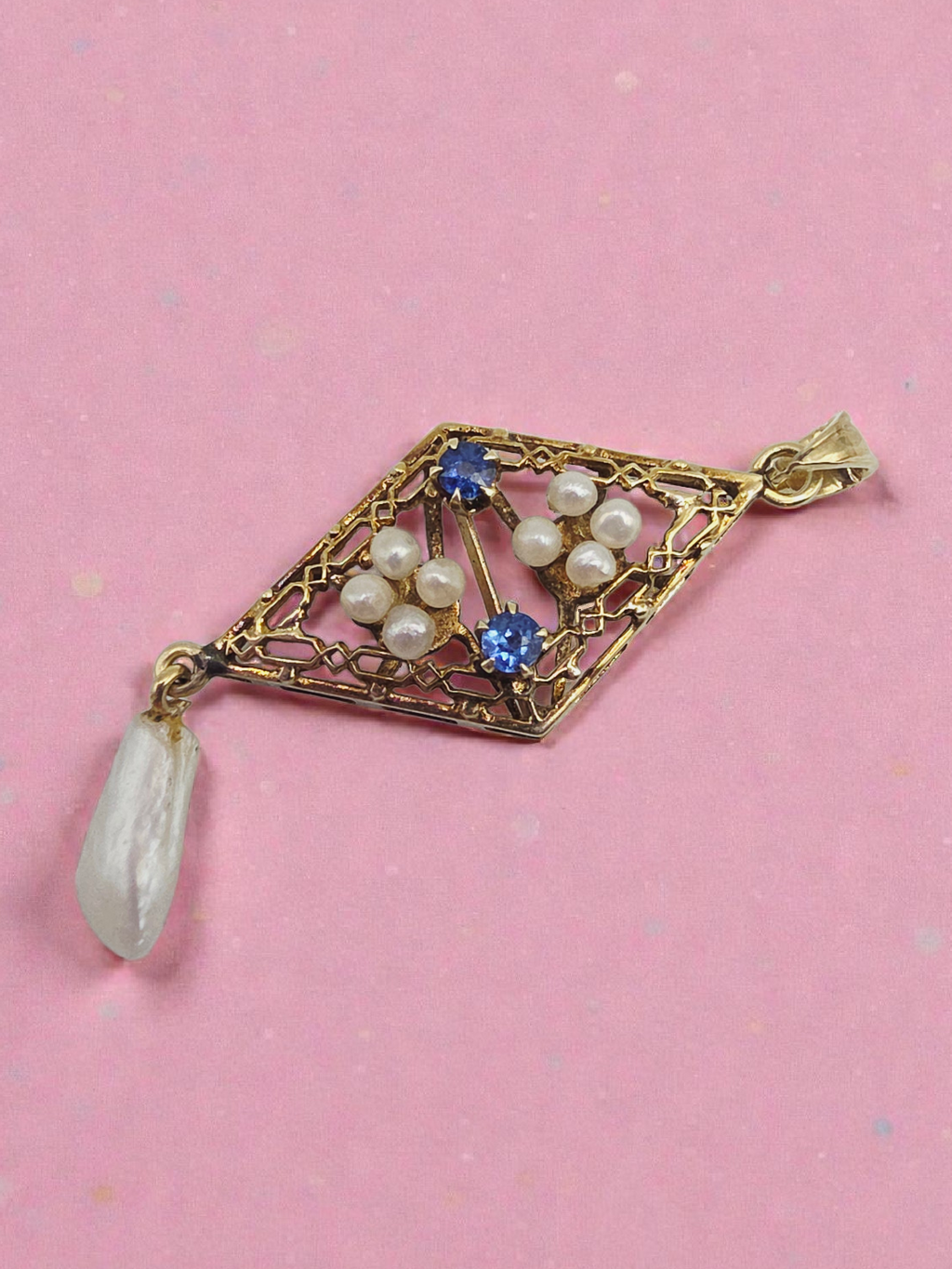 Edwardian Solid 14K Yellow Gold Lavalier Pendant with Pearls and Sapphires