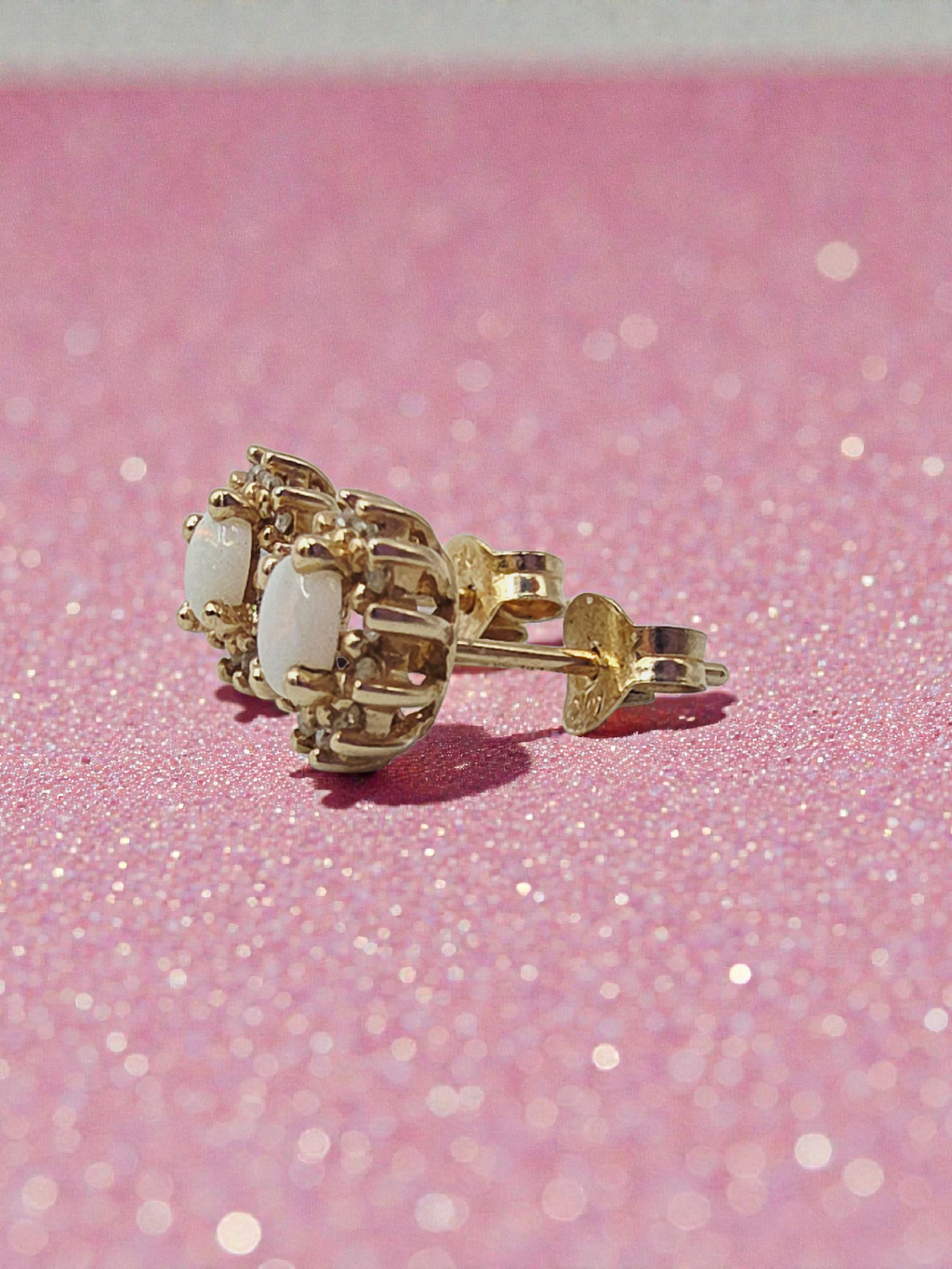 Solid 10K Yellow Gold Opal and Diamond Halo Stud Earrings