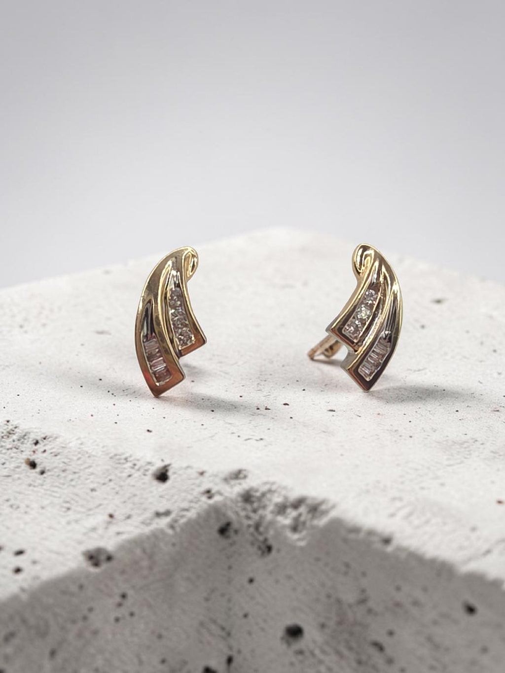 Solid 10K Yellow Gold Round & Baguette Diamond Swirl Stud Earrings