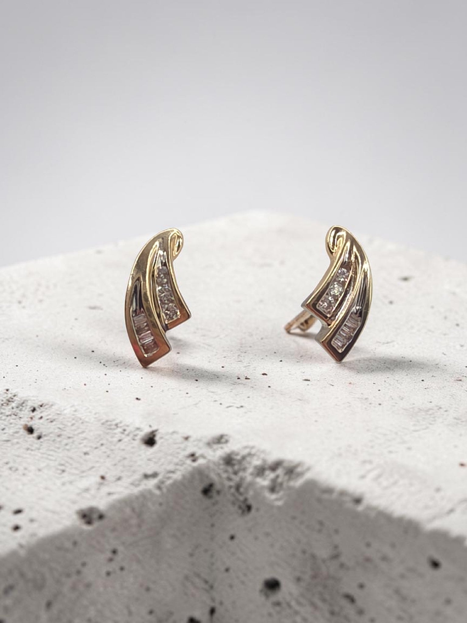 Solid 10K Yellow Gold Round & Baguette Diamond Swirl Stud Earrings