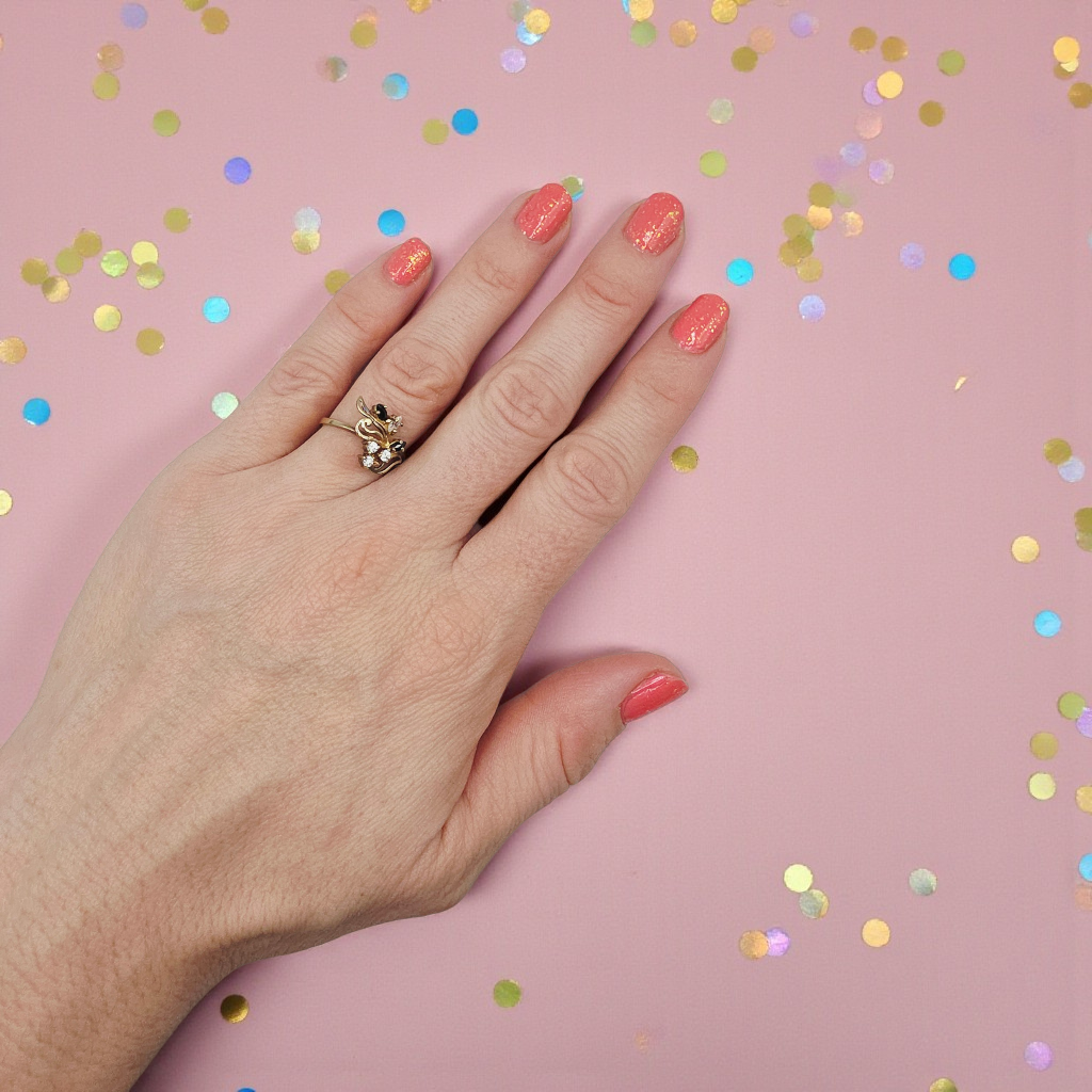 Solid 10K Yellow Gold Ring with Marquise Cut Black Onyx and Round Cut Clear Gemstones Size 7.25