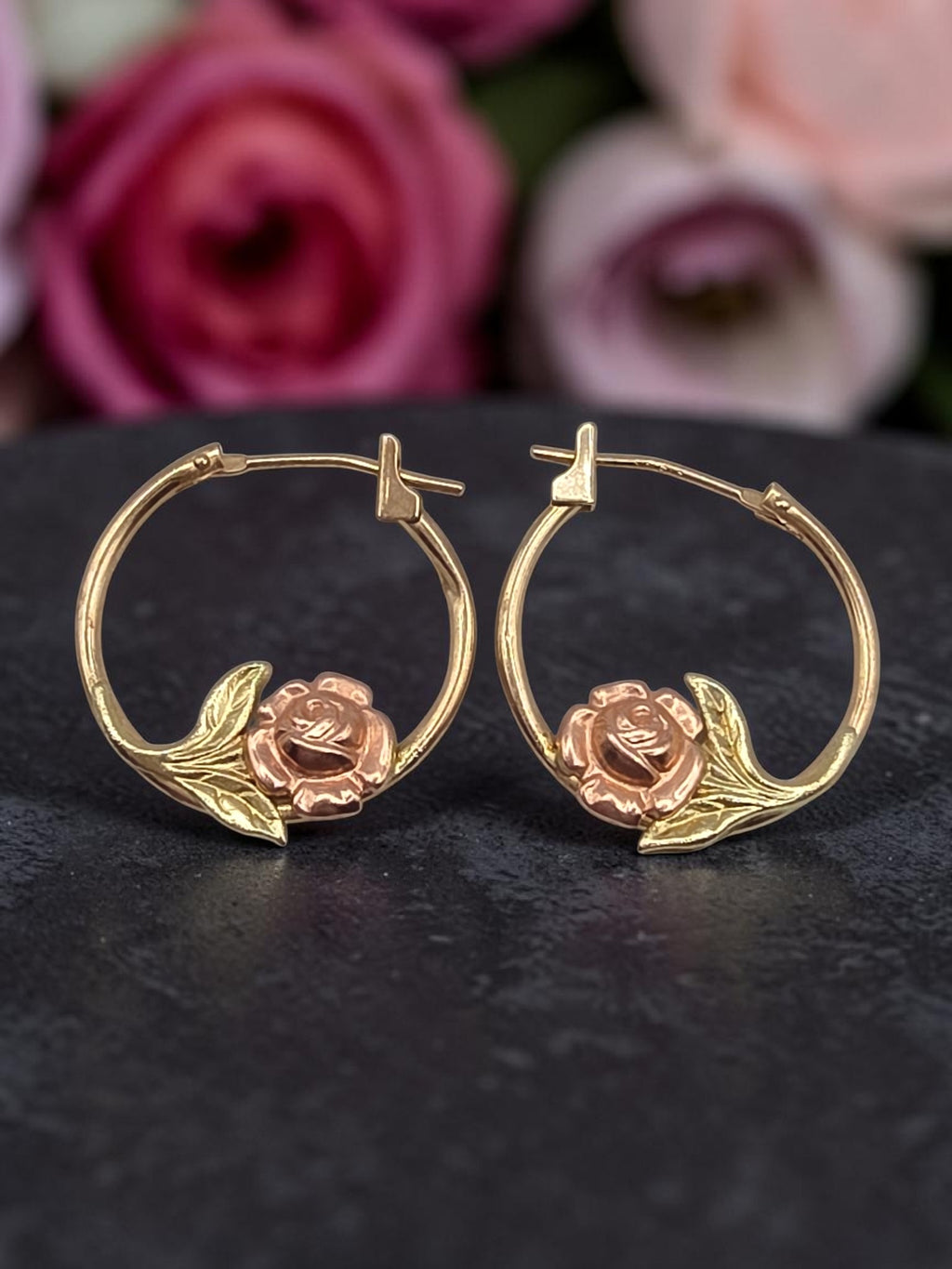 JTS Solid 10K Tri Color Gold Rose Flower Hoop Earrings Yellow Rose Green