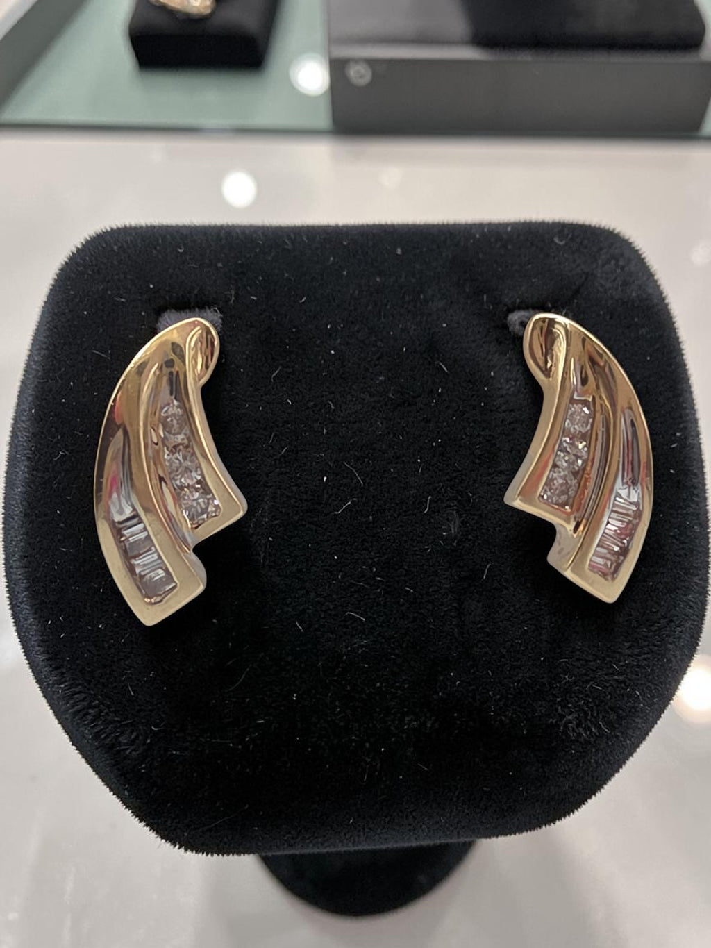 Solid 10K Yellow Gold Round & Baguette Diamond Swirl Stud Earrings