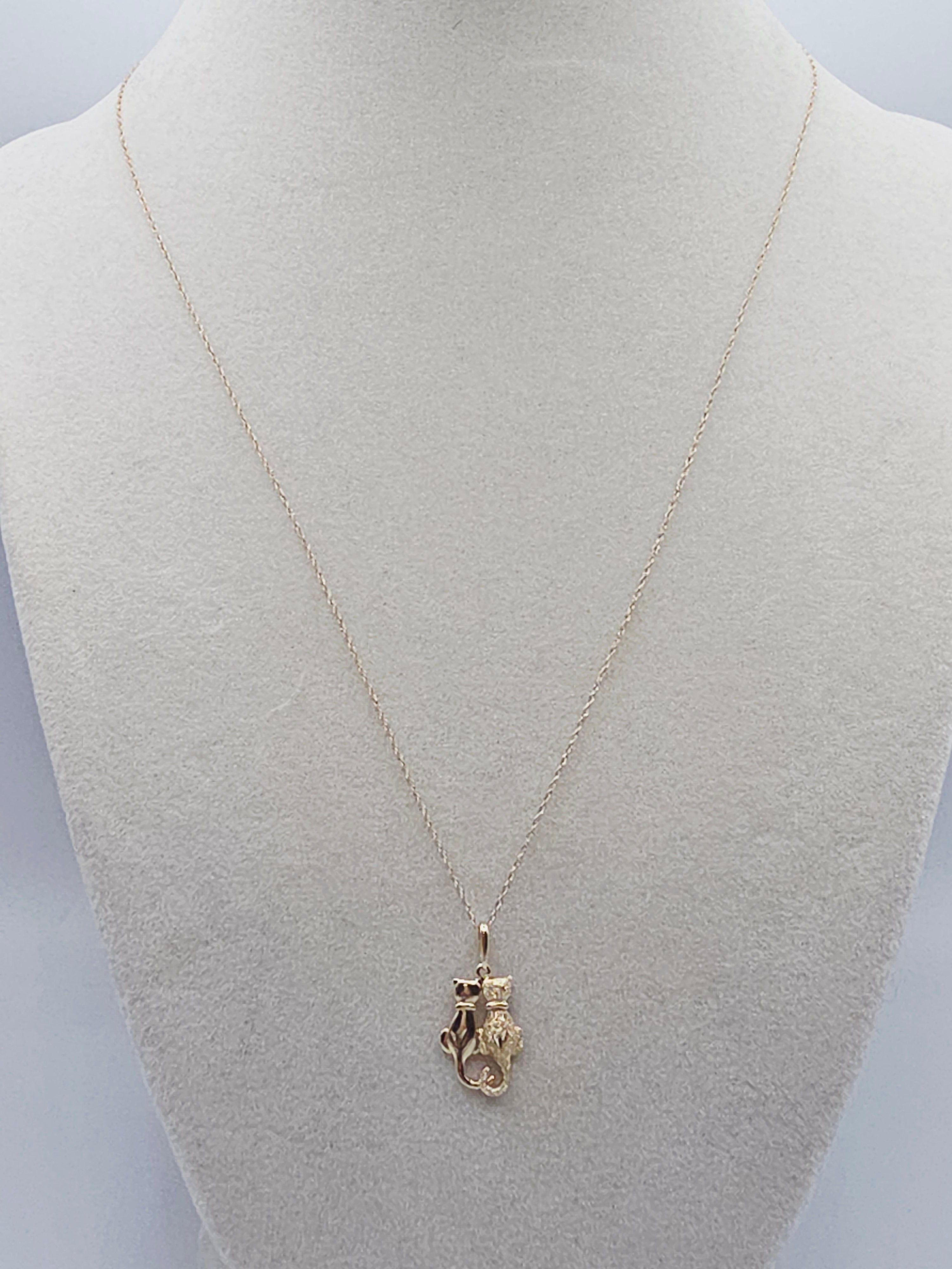 Solid 10K Yellow Gold Kitty Cat Love Couple Pendant Necklace - 18 Inch