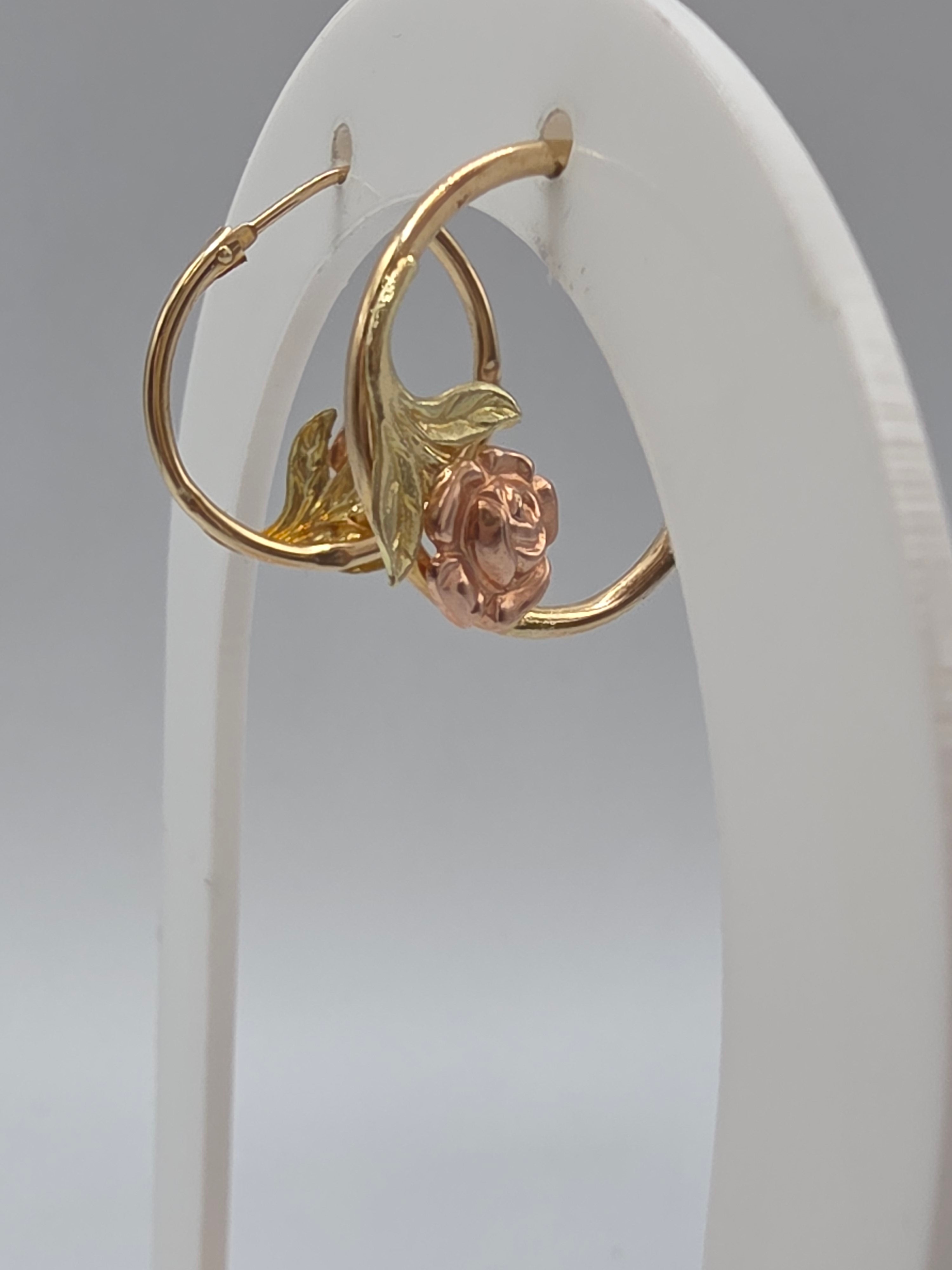 JTS Solid 10K Tri Color Gold Rose Flower Hoop Earrings Yellow Rose Green