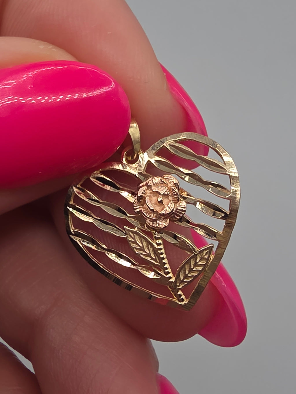 Solid 10K Two Tone Gold Open Heart Pendant Rose Gold Flower Diamond Cut