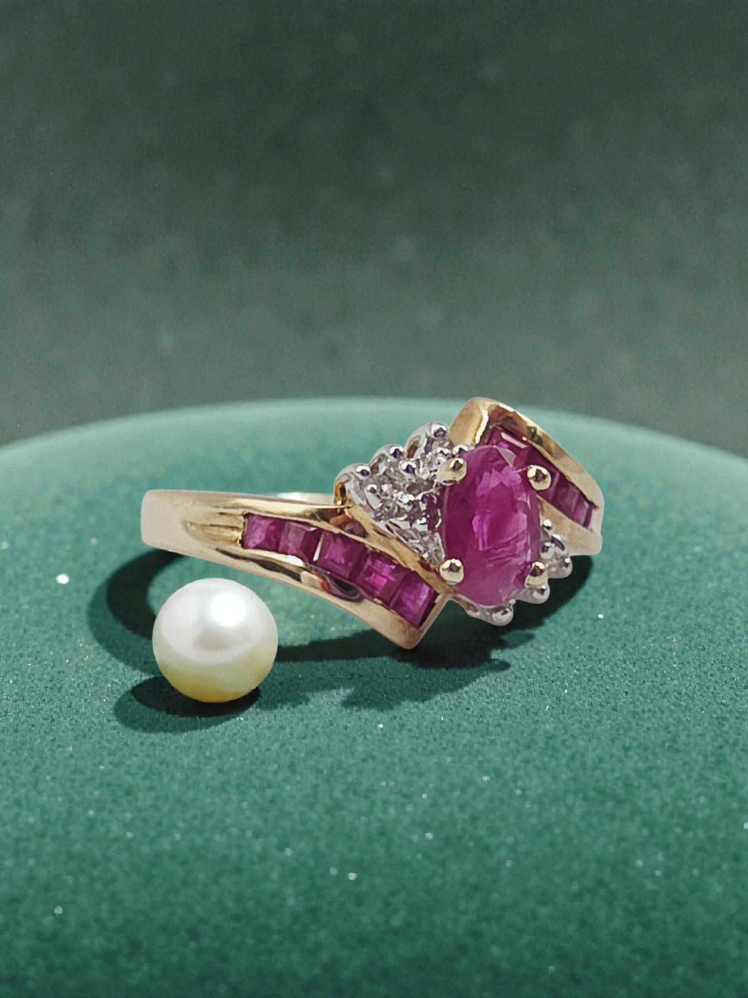 Solid 10K Yellow Gold Ring with Oval-Cut Ruby and Ruby & Diamond Accents - Size 7