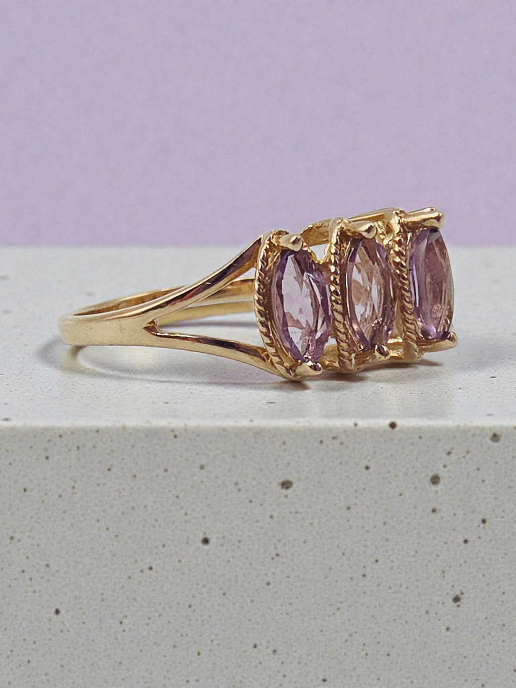 Solid 10K Yellow Gold Ring with Marquise Cut Amethysts Size 7