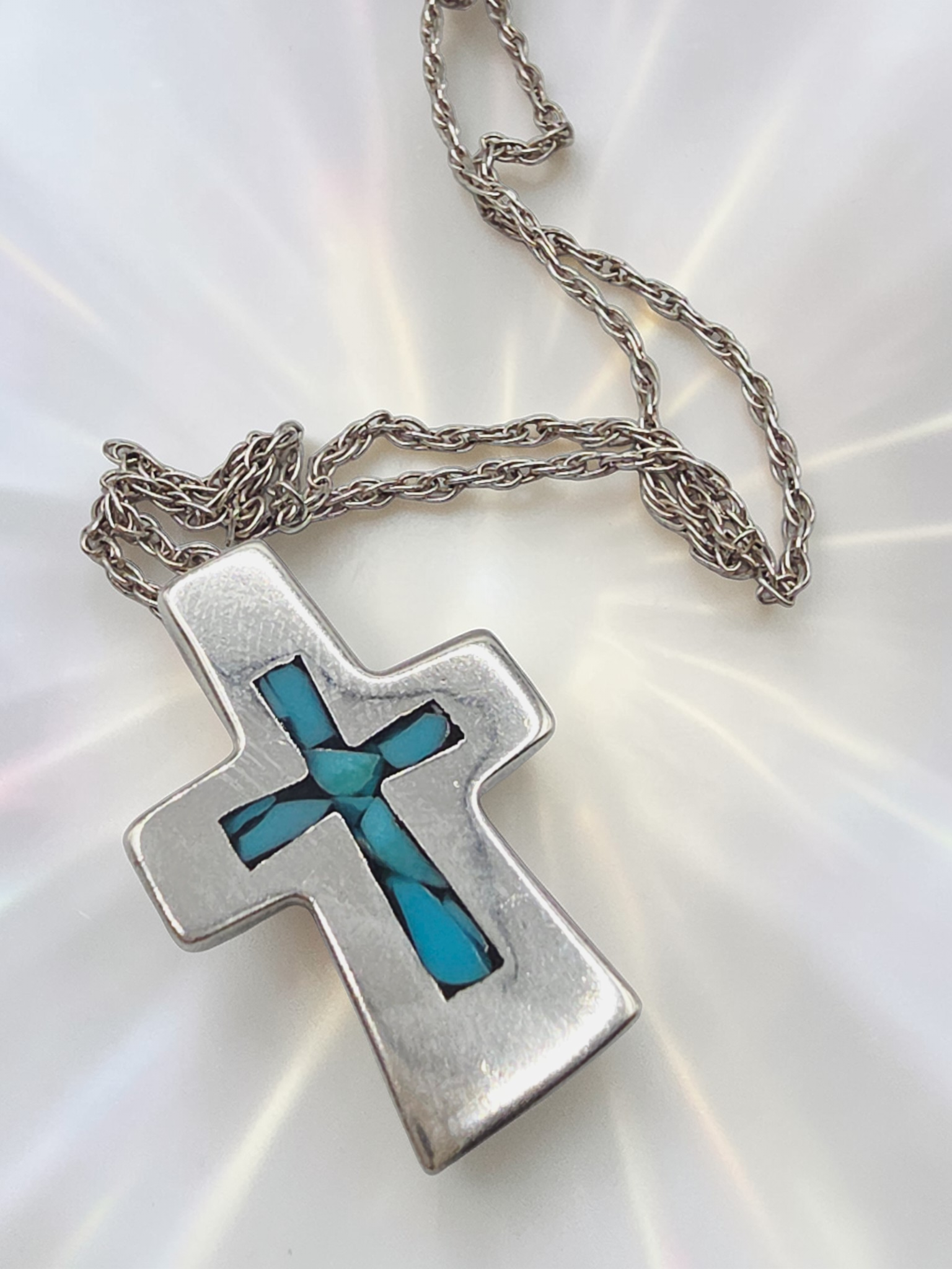 925 Sterling Silver Cross with Blue Inlay Pendant Necklace – 19 Inch