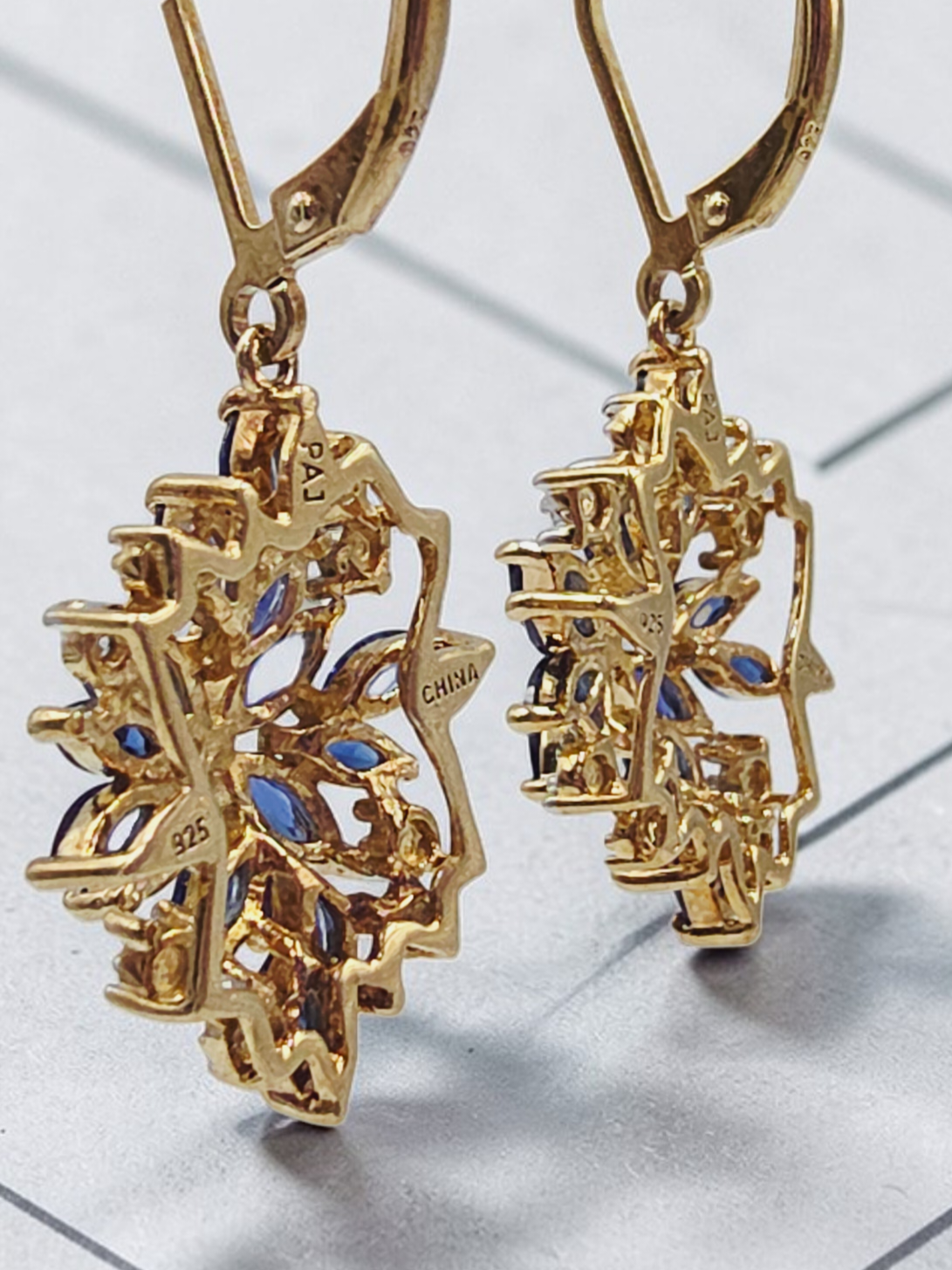 925 Sterling Silver Gold Vermeil Earrings with Blue Sapphire & Diamond Cluster