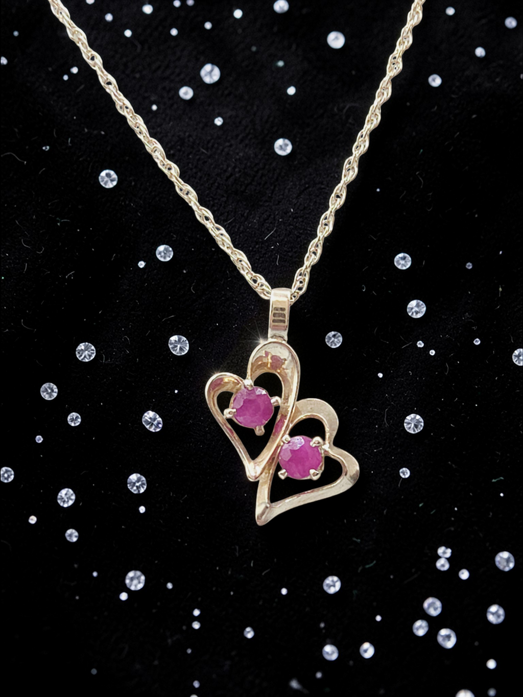Solid 14K Yellow Gold Double Ruby Heart Pendant Necklace - 18 Inch