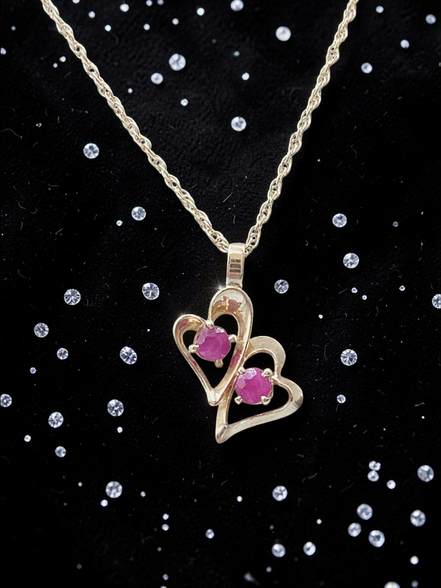 Solid 14K Yellow Gold Double Ruby Heart Pendant Necklace - 18 Inch