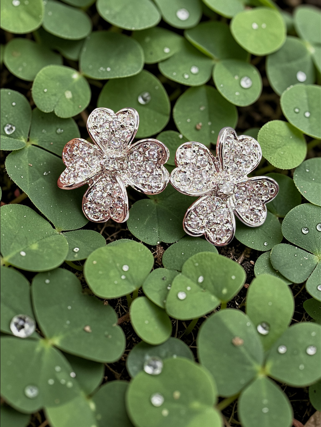925 Sterling Silver Heart Leaf Clover Stud Earrings with CZ Accents