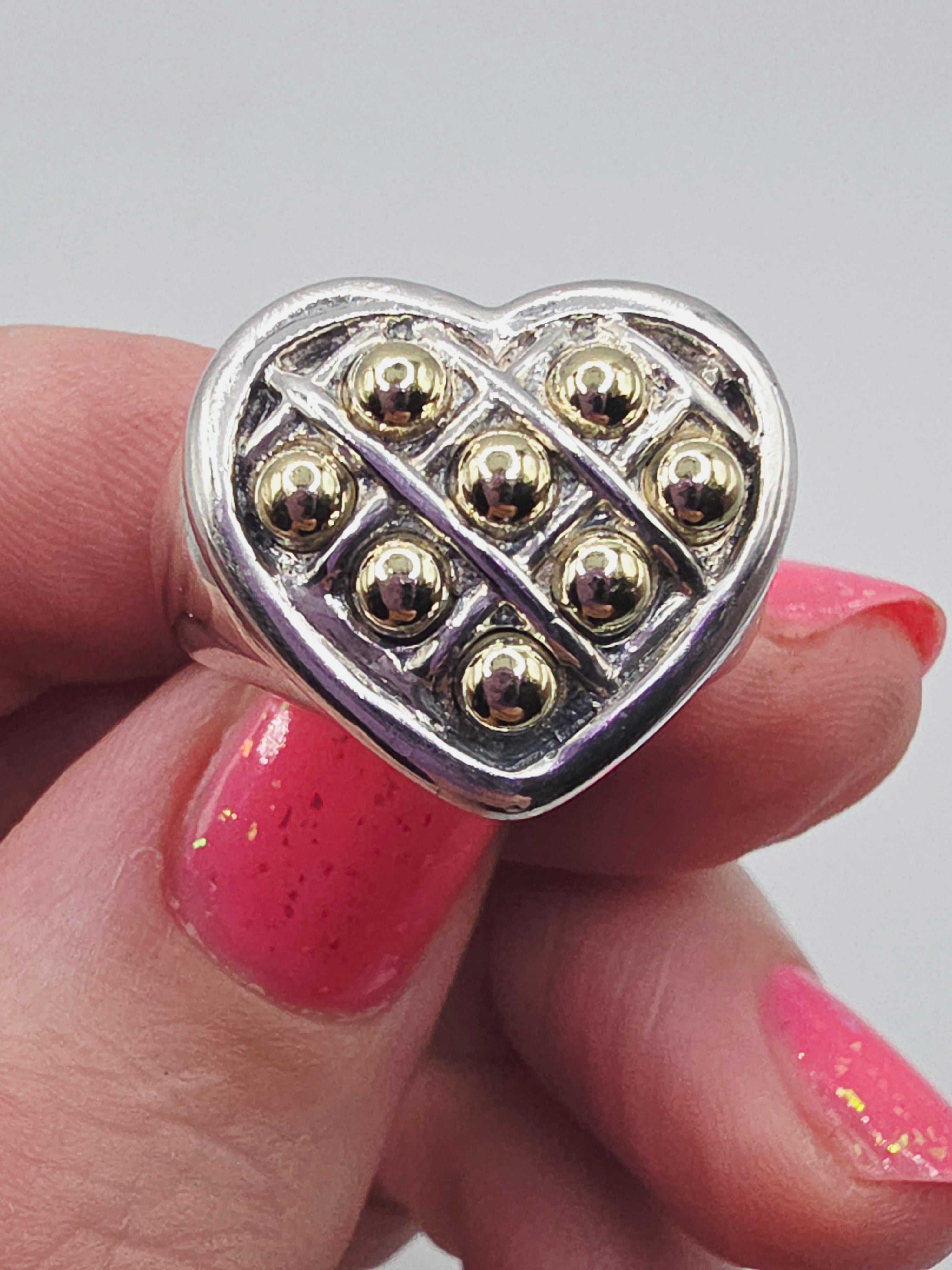 Caviar 925 Sterling Silver with 18K Yellow Gold Accents Heart Ring Size 7