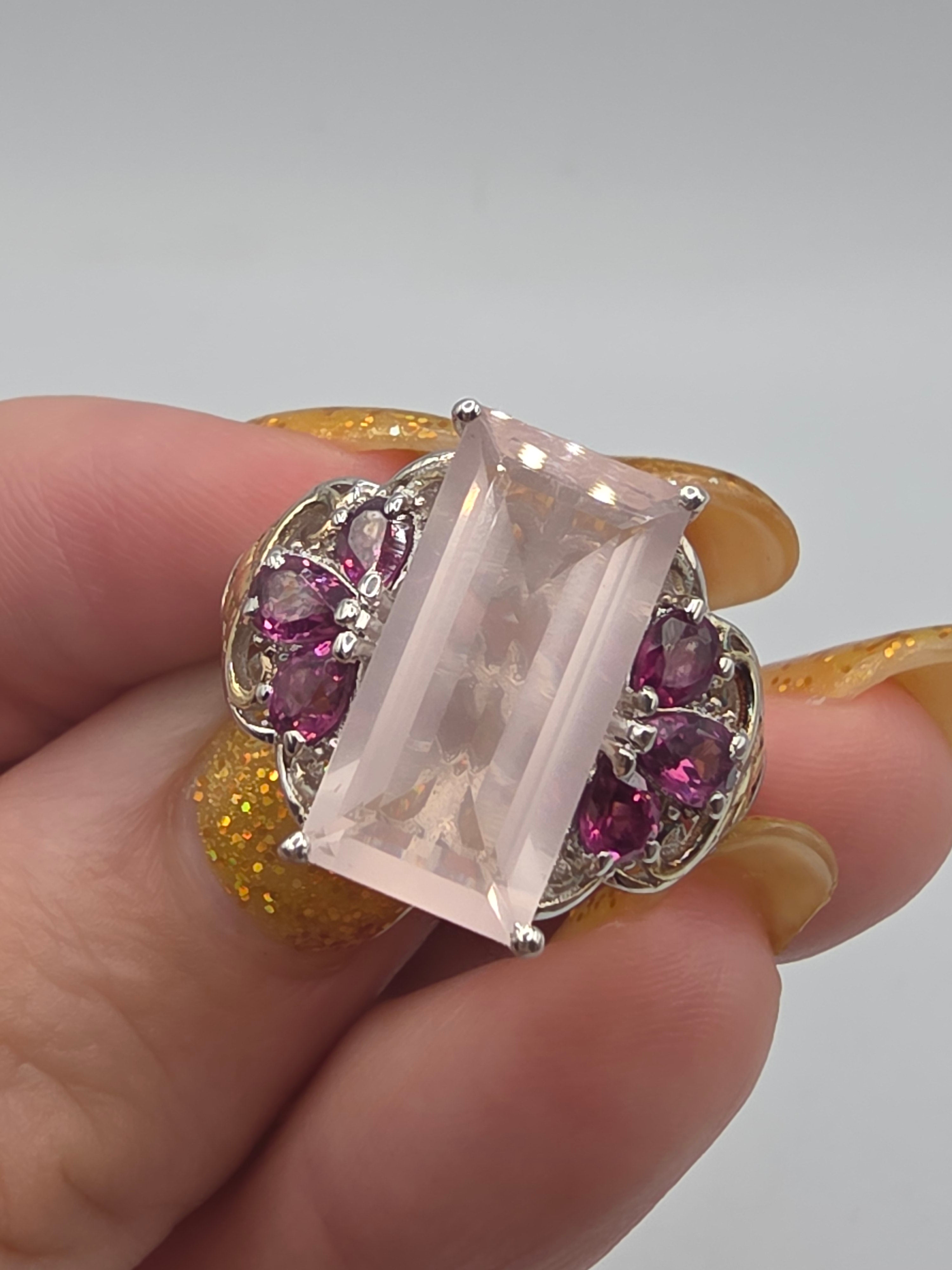 STS Jewels Sterling Silver Pink Quarts & Rhodolite Ring 18K Gold Accents Size 7
