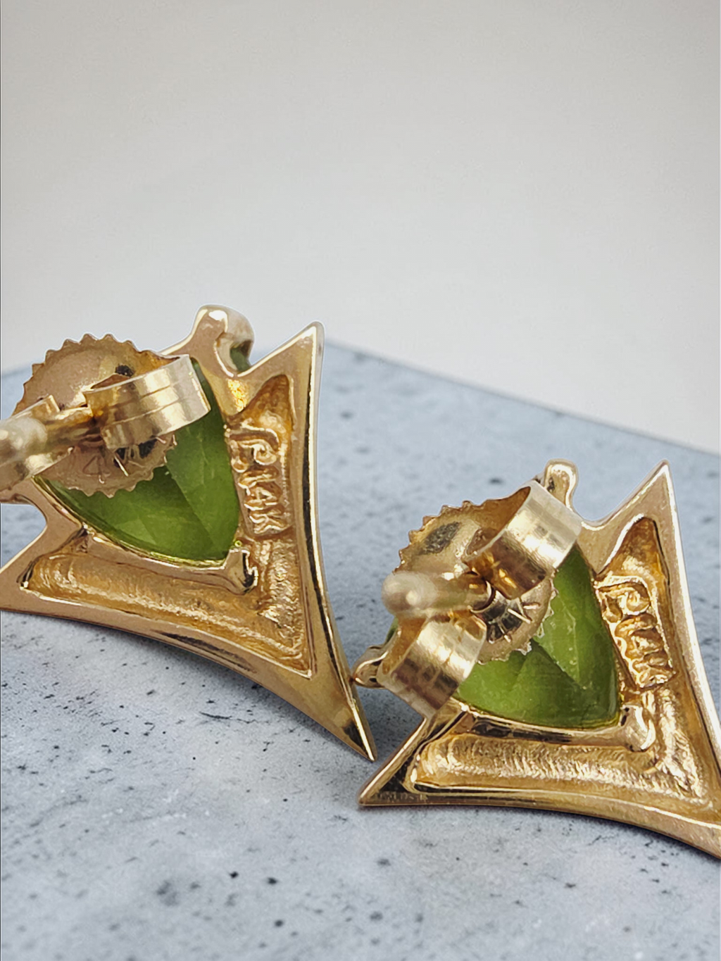 Solid 14K Yellow Gold Trillion Cut Peridot Stud Earrings