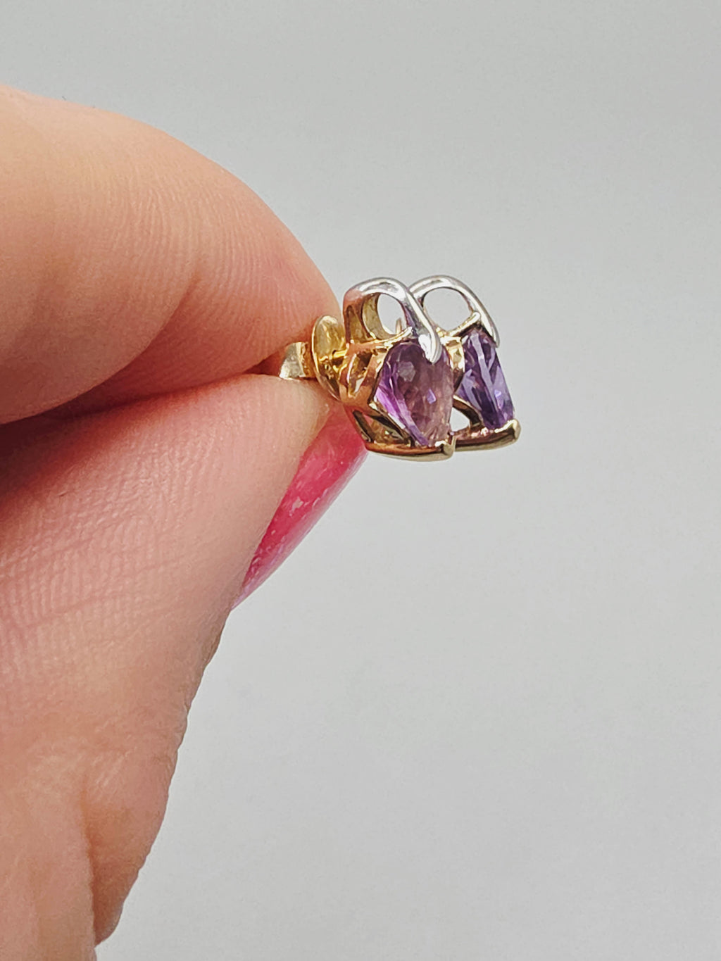 Solid 10 Two-Tone Gold Stud Earrings with Heart-Cut Amethyst