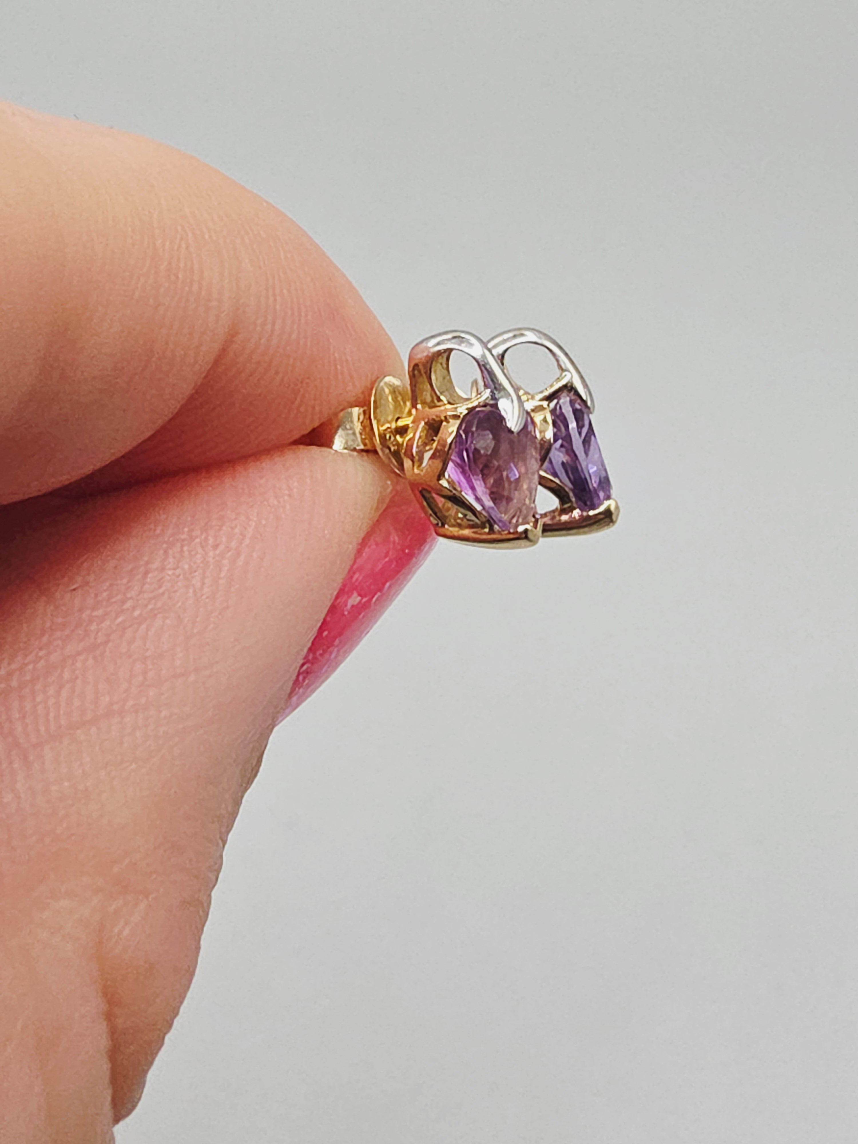 Solid 10 Two-Tone Gold Stud Earrings with Heart-Cut Amethyst