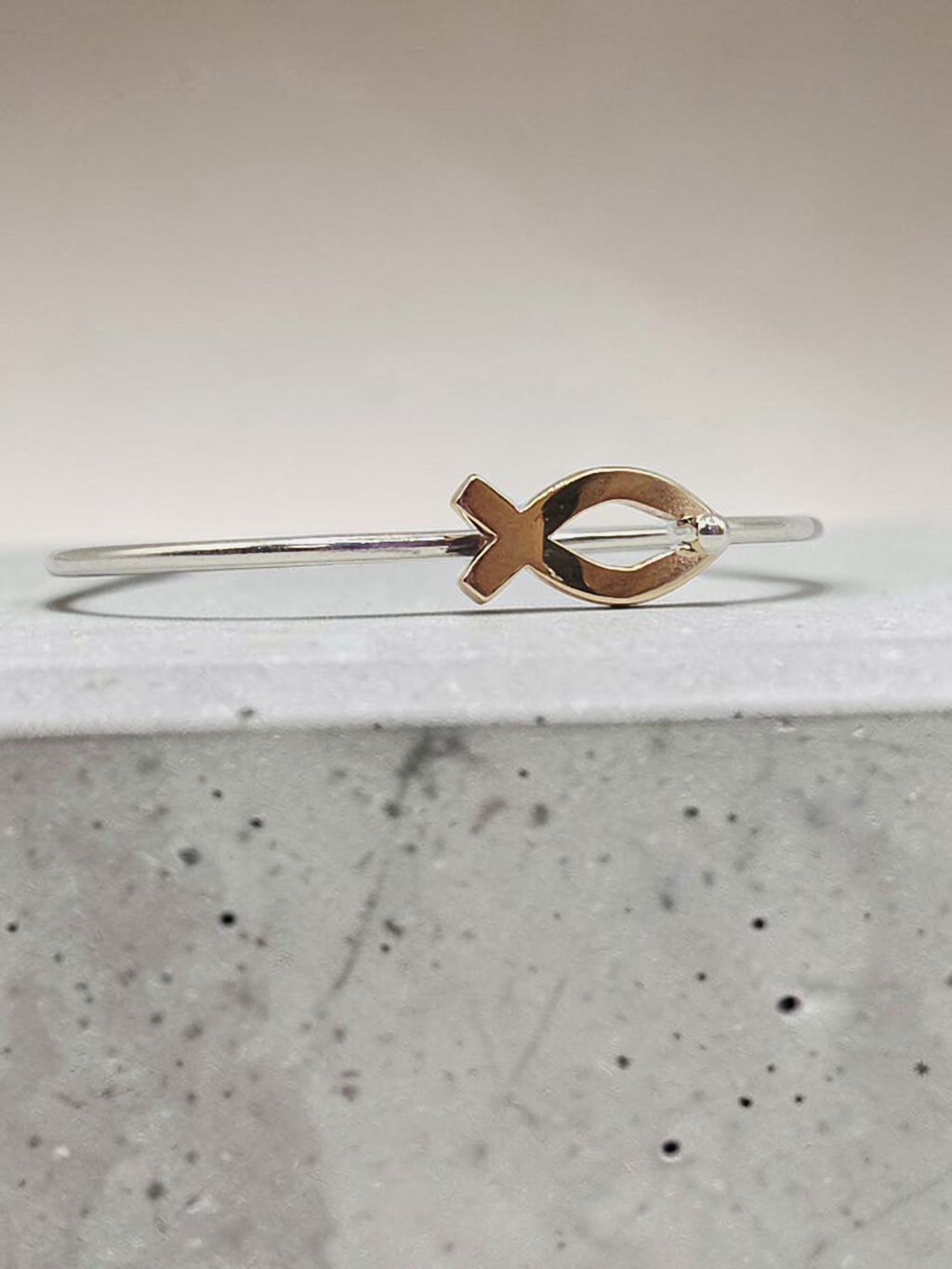 James Avery Sterling Silver Bangle Bracelet with Solid 14K Gold Ichthus - 7 Inch