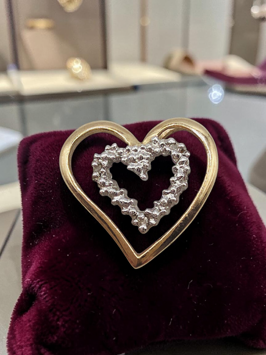 Solid 10K Two Tone Gold Double Heart Pendant 3 Diamond Accents Yellow White