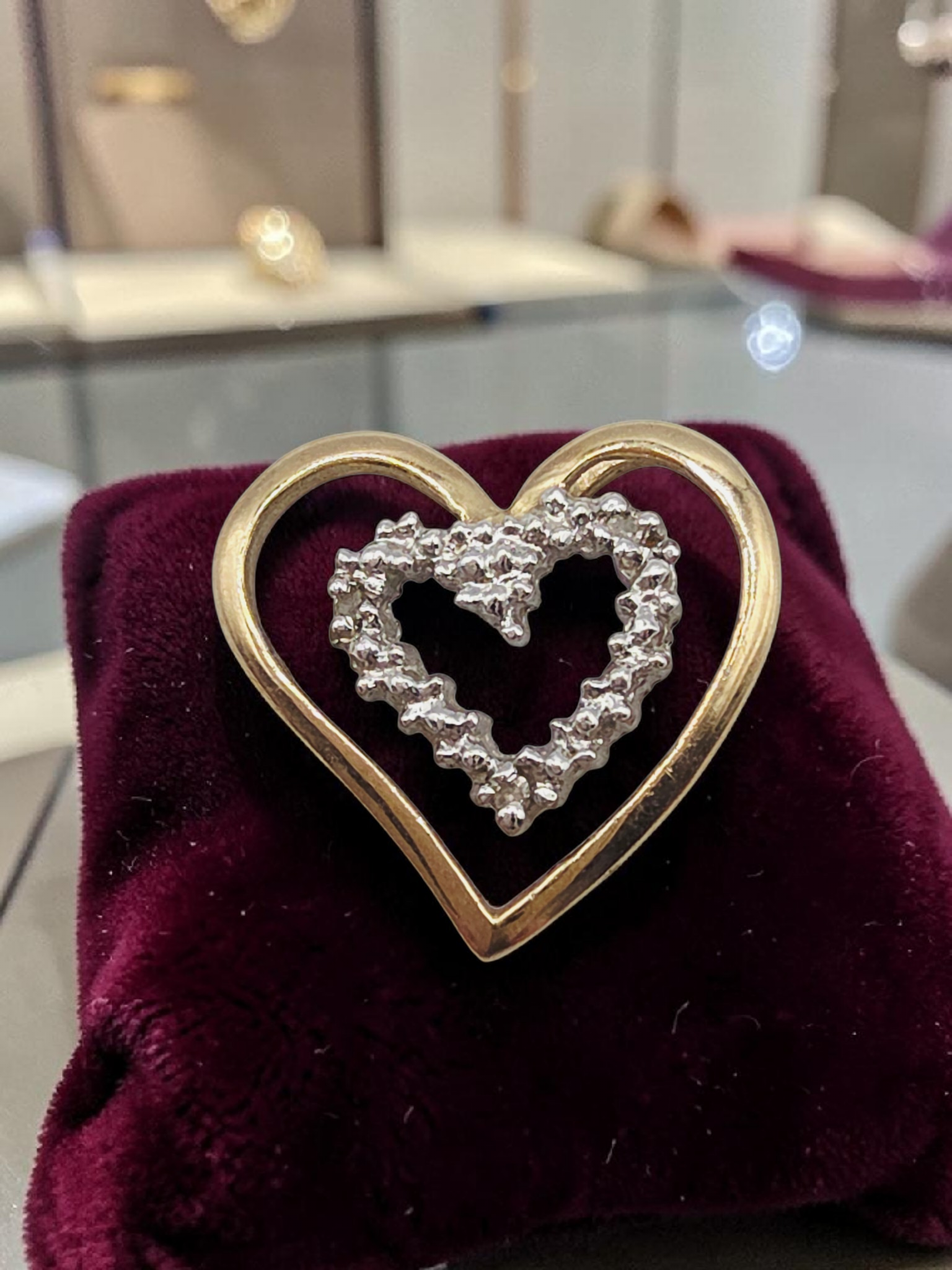 Solid 10K Two Tone Gold Double Heart Pendant 3 Diamond Accents Yellow White