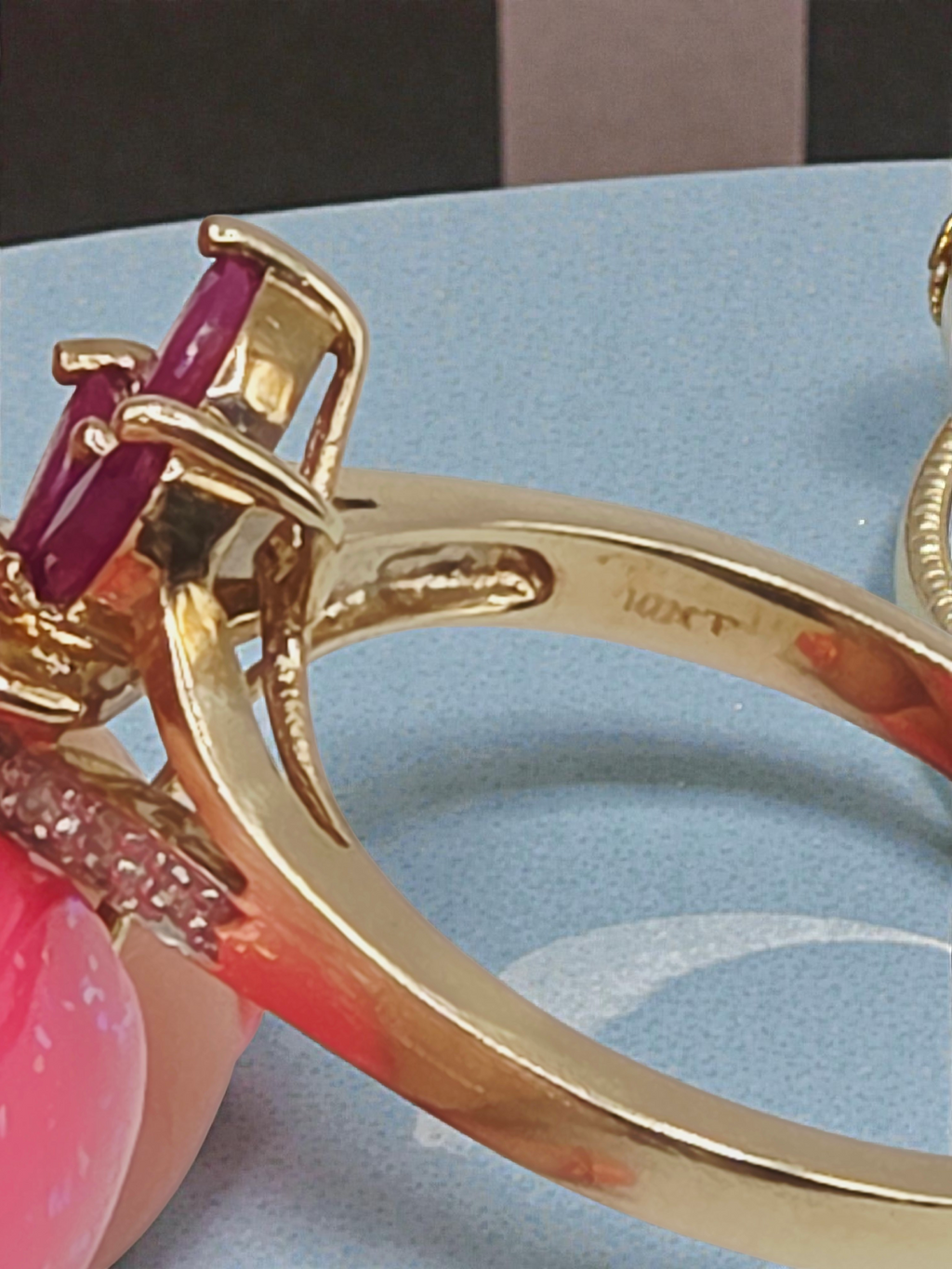 Solid 10K Gold Ring with Marquise-Cut Ruby Cluster & Diamond Accents - Size 6.75