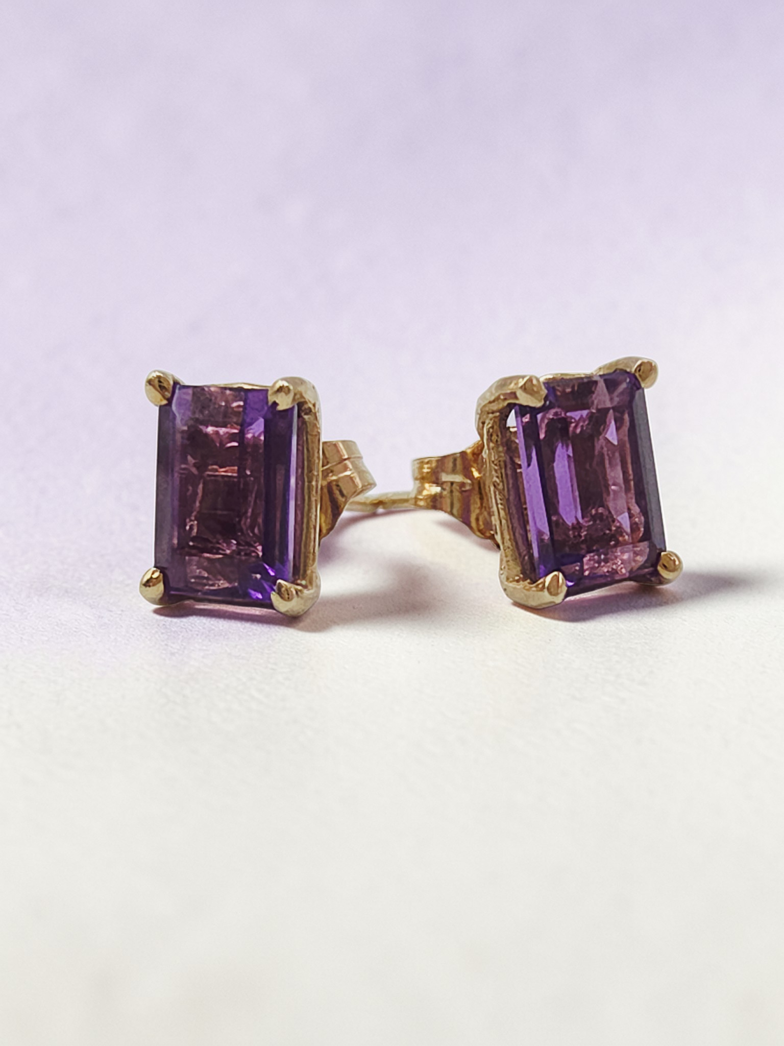 Solid 14K Yellow Gold Emerald Cut Amethyst Stud Earrings