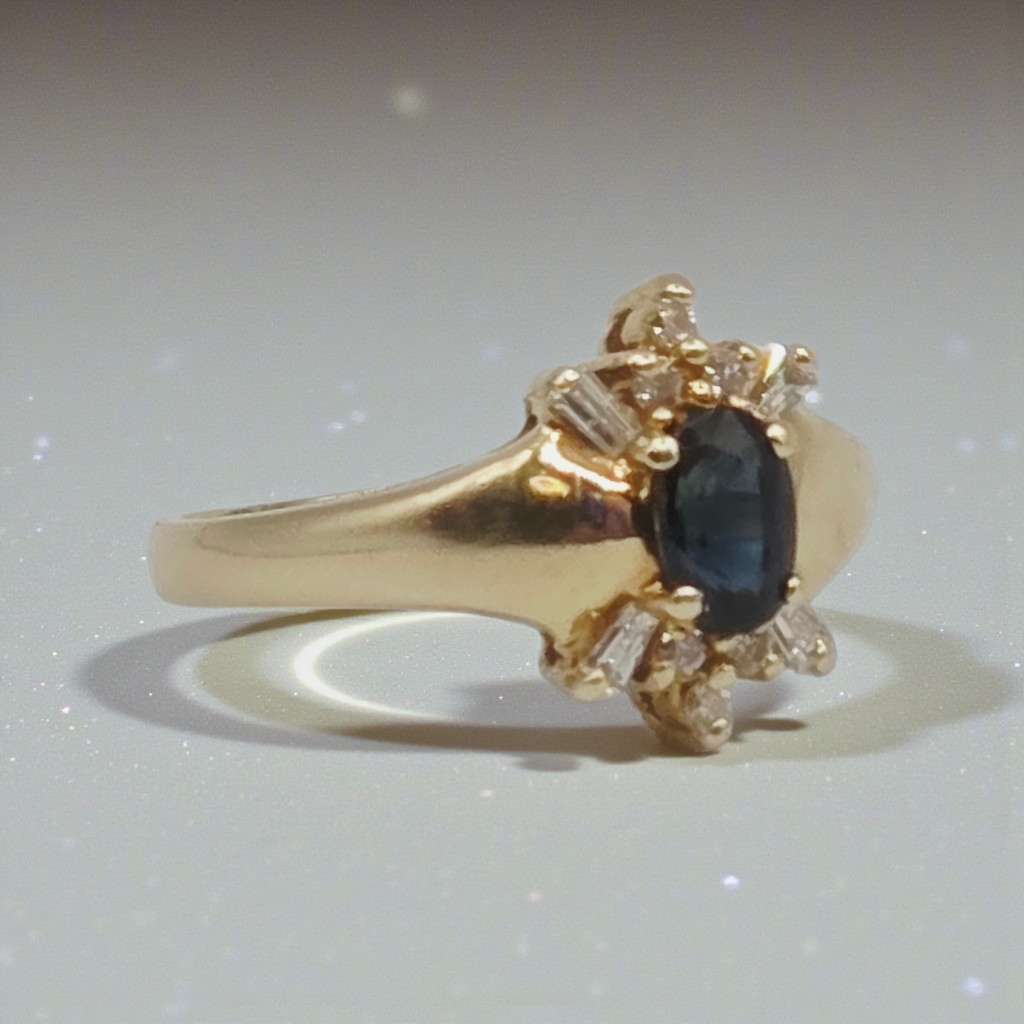 Solid 14K Yellow Gold Ring with Blue Sapphire and Diamond Accents – Size 6.5