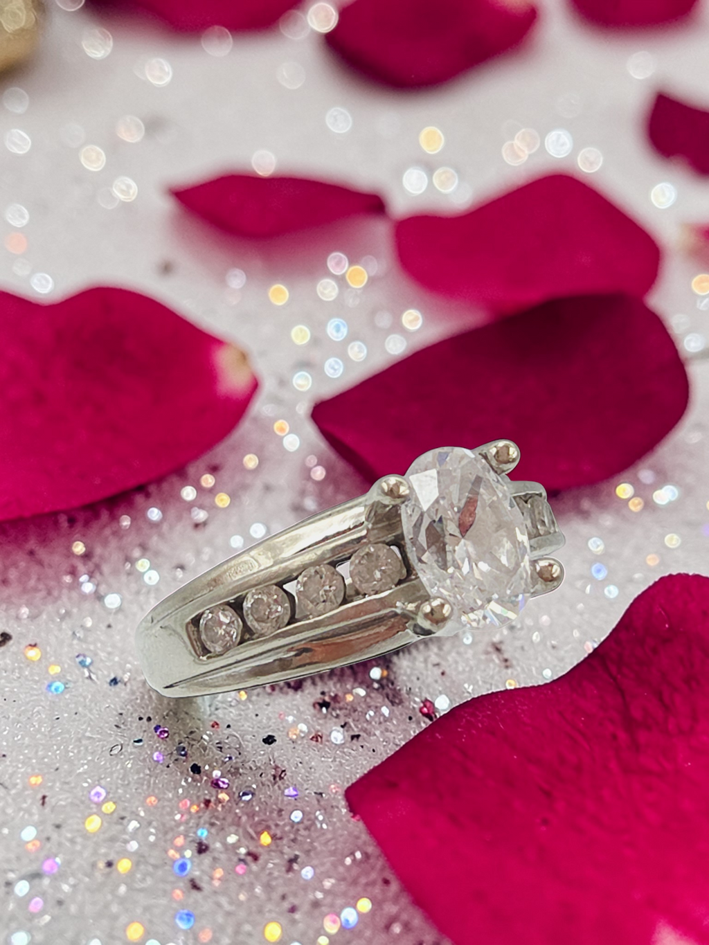 Solid 14K White Gold Oval-Cut CZ Ring with Channel Set Accents – Size 6